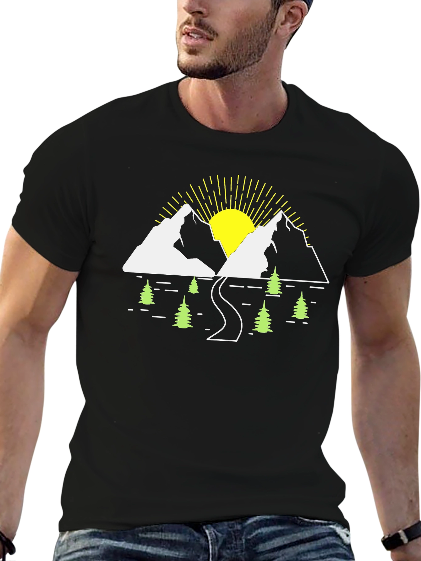 Mountain Scene Graphic Tee - Black Cotton T-Shirt