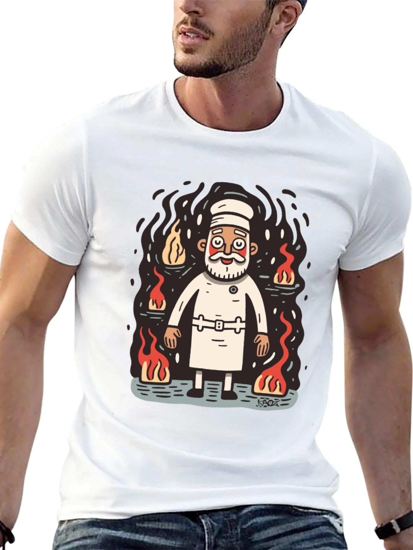 Chef surrounded by flames graphic tee