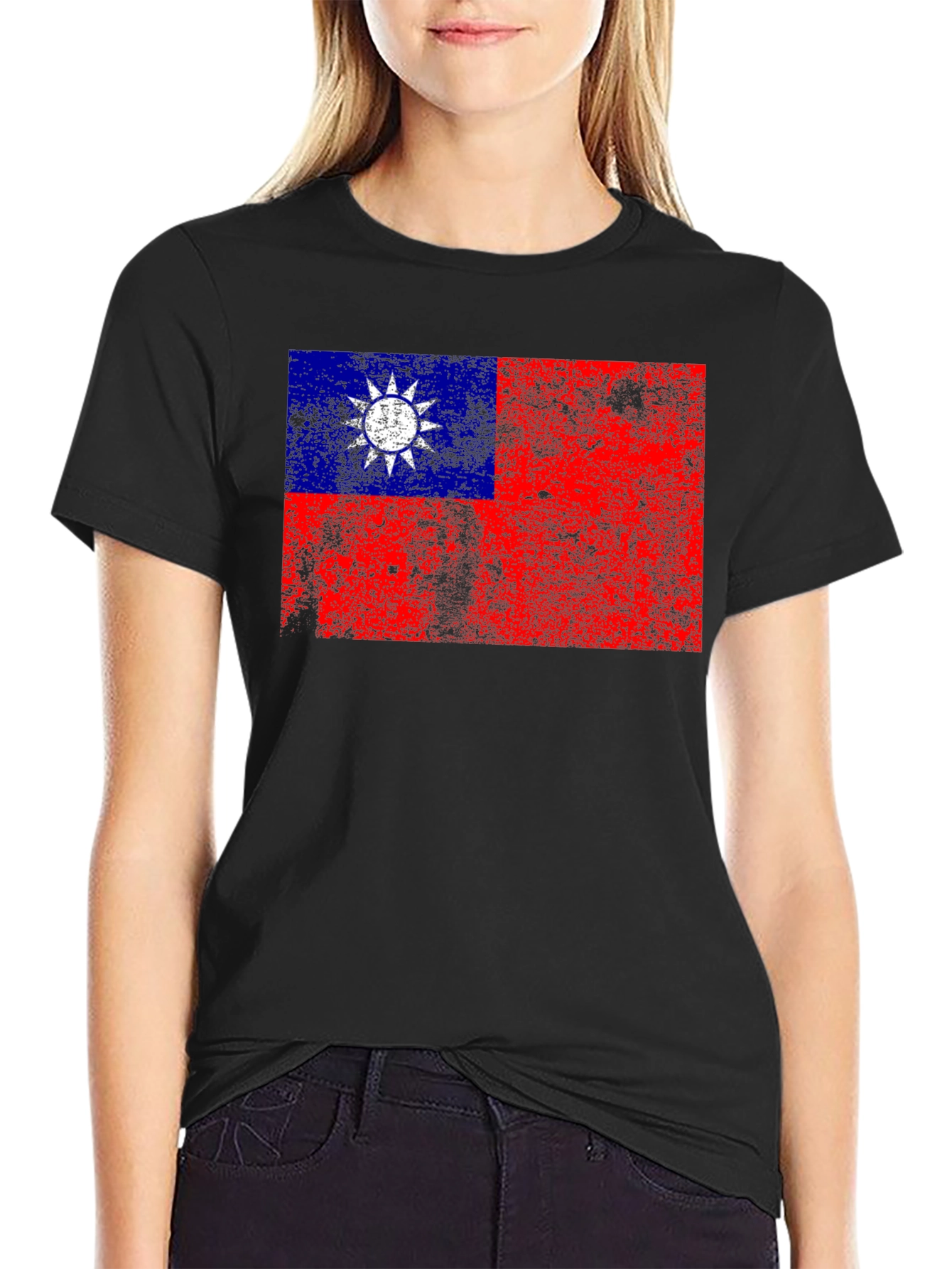 Distressed Taiwan Flag Graphic Tee - Black