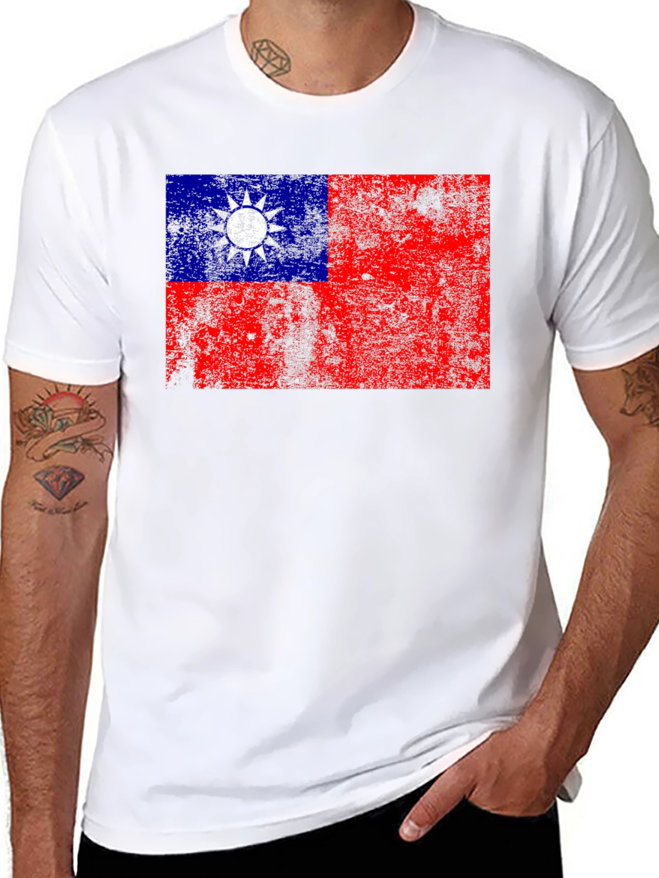 Distressed Taiwan Flag Graphic Tee - Black