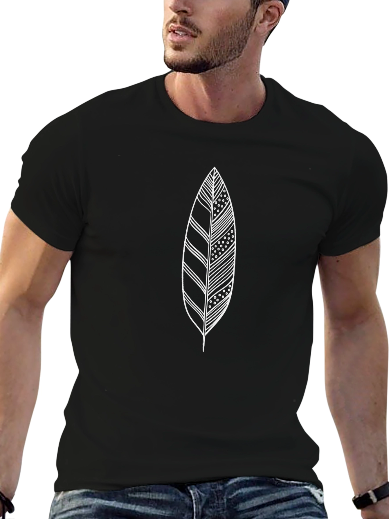 Black T-Shirt with Feather Design