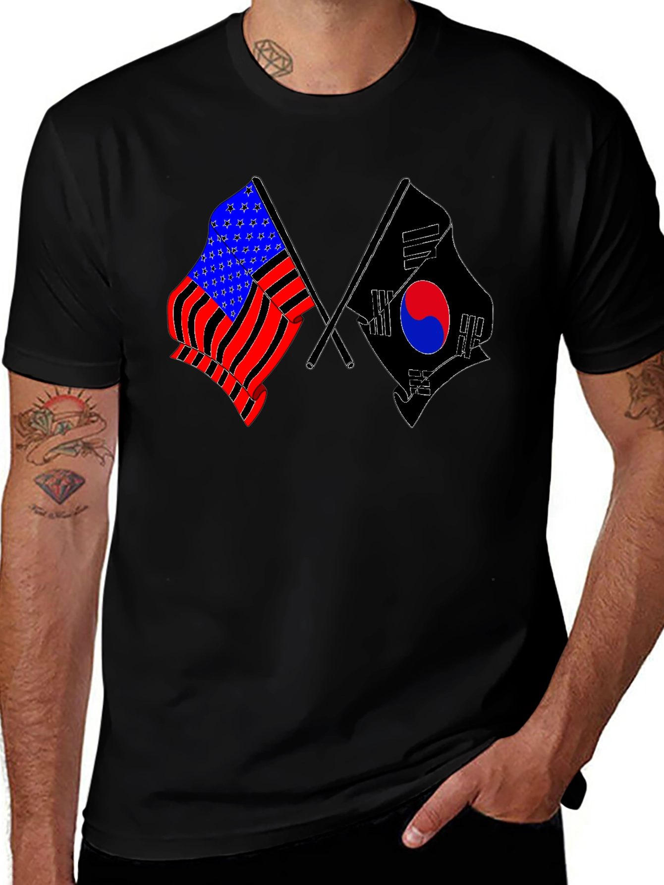 USA & South Korea Flags Black T-Shirt