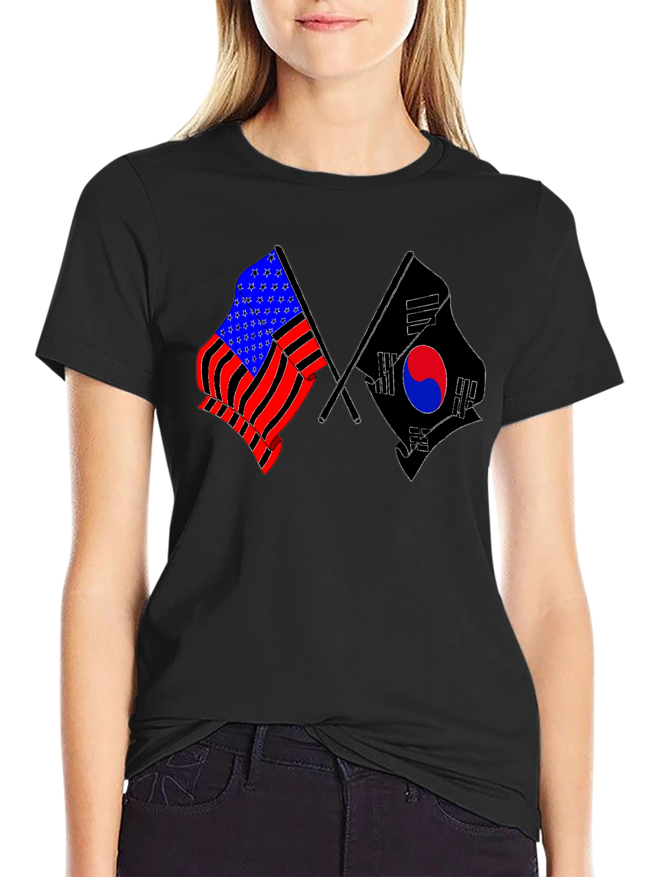 USA & South Korea Flags Black T-Shirt