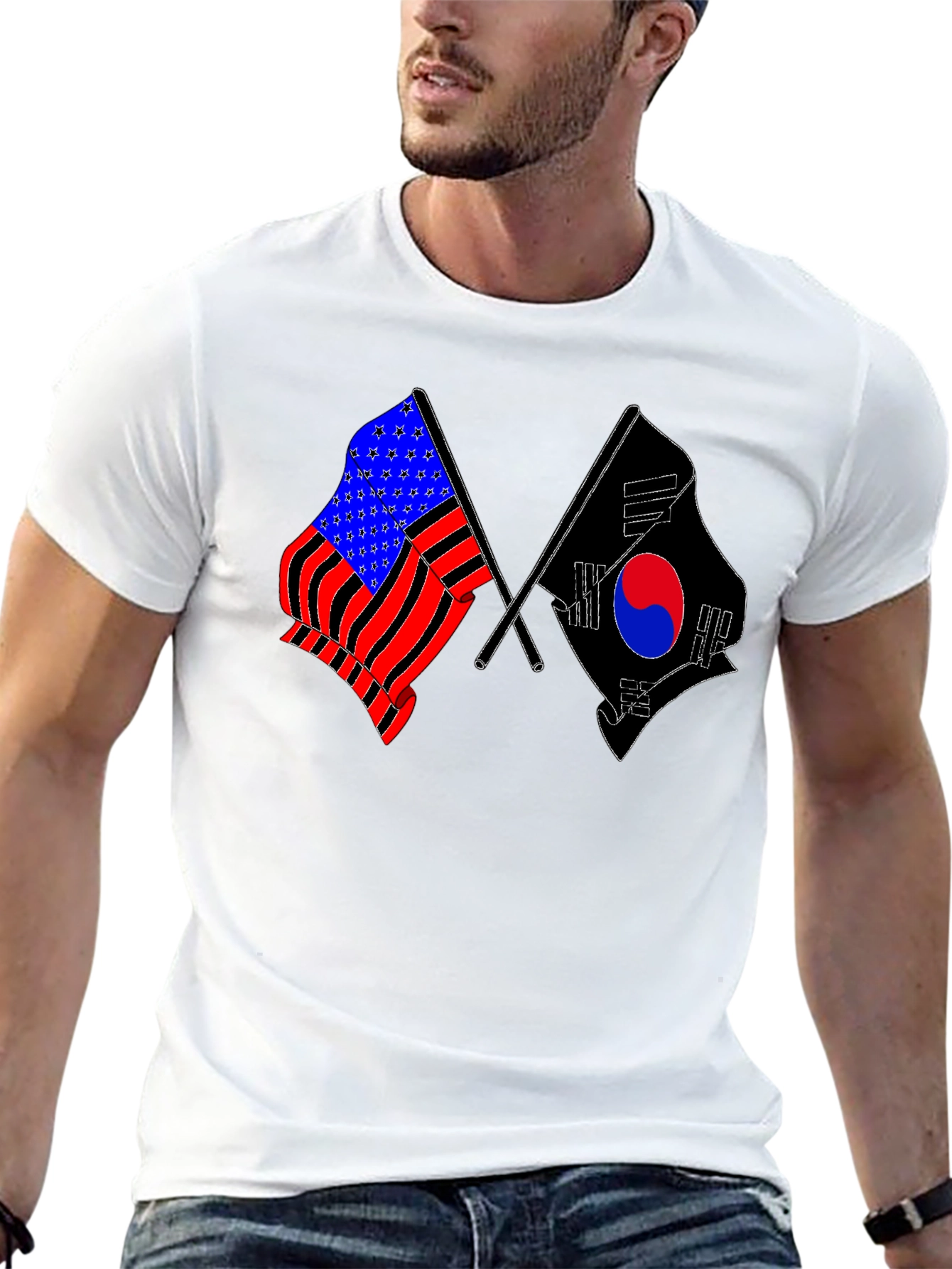 USA & South Korea Flags Black T-Shirt