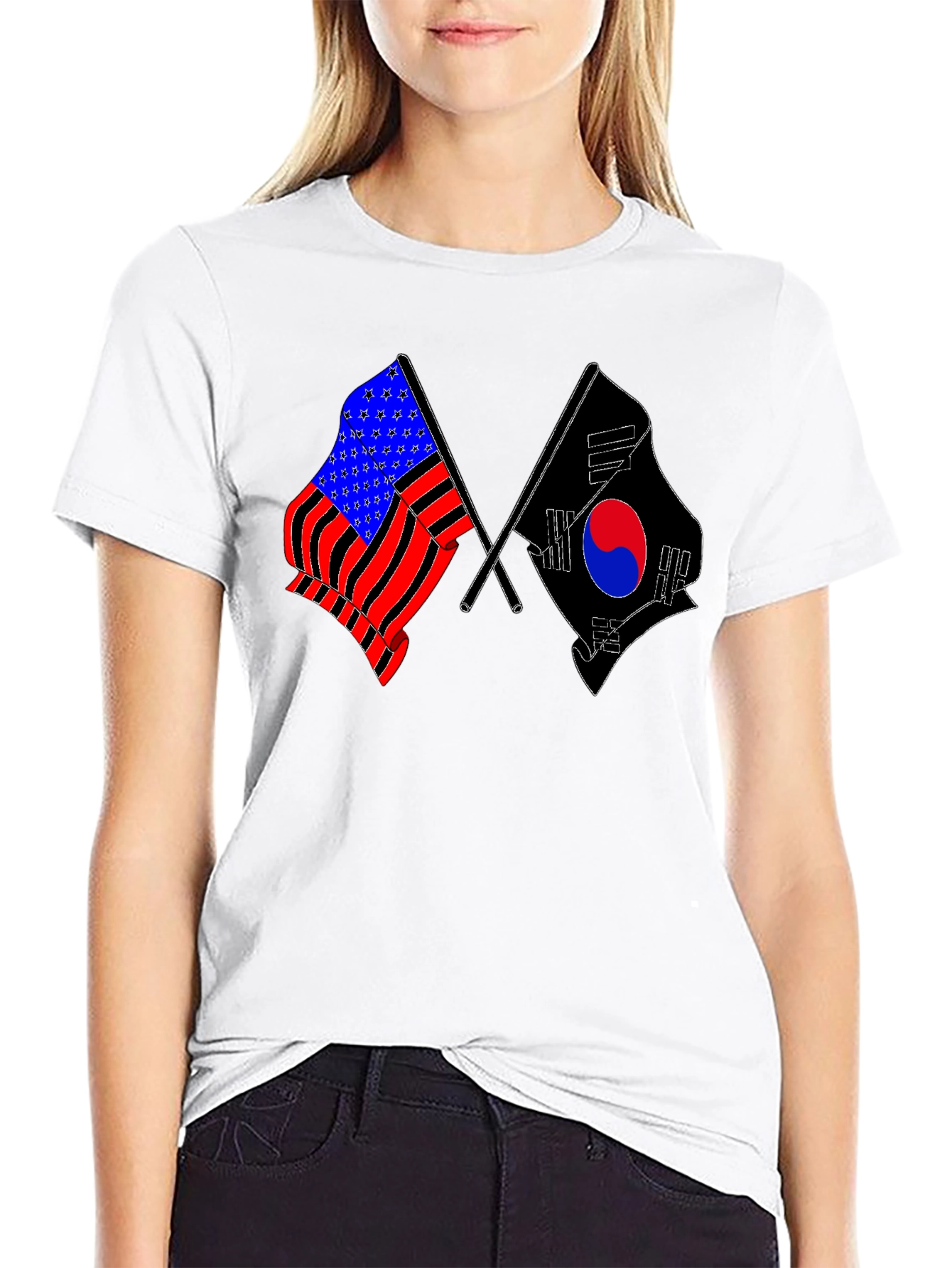 USA & South Korea Flags Black T-Shirt