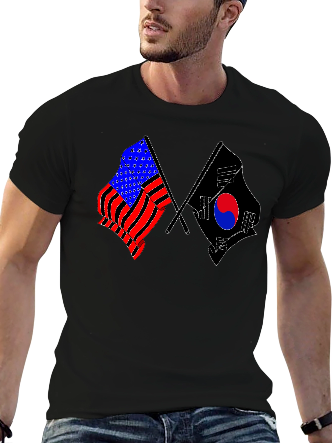 USA & South Korea Flags Black T-Shirt
