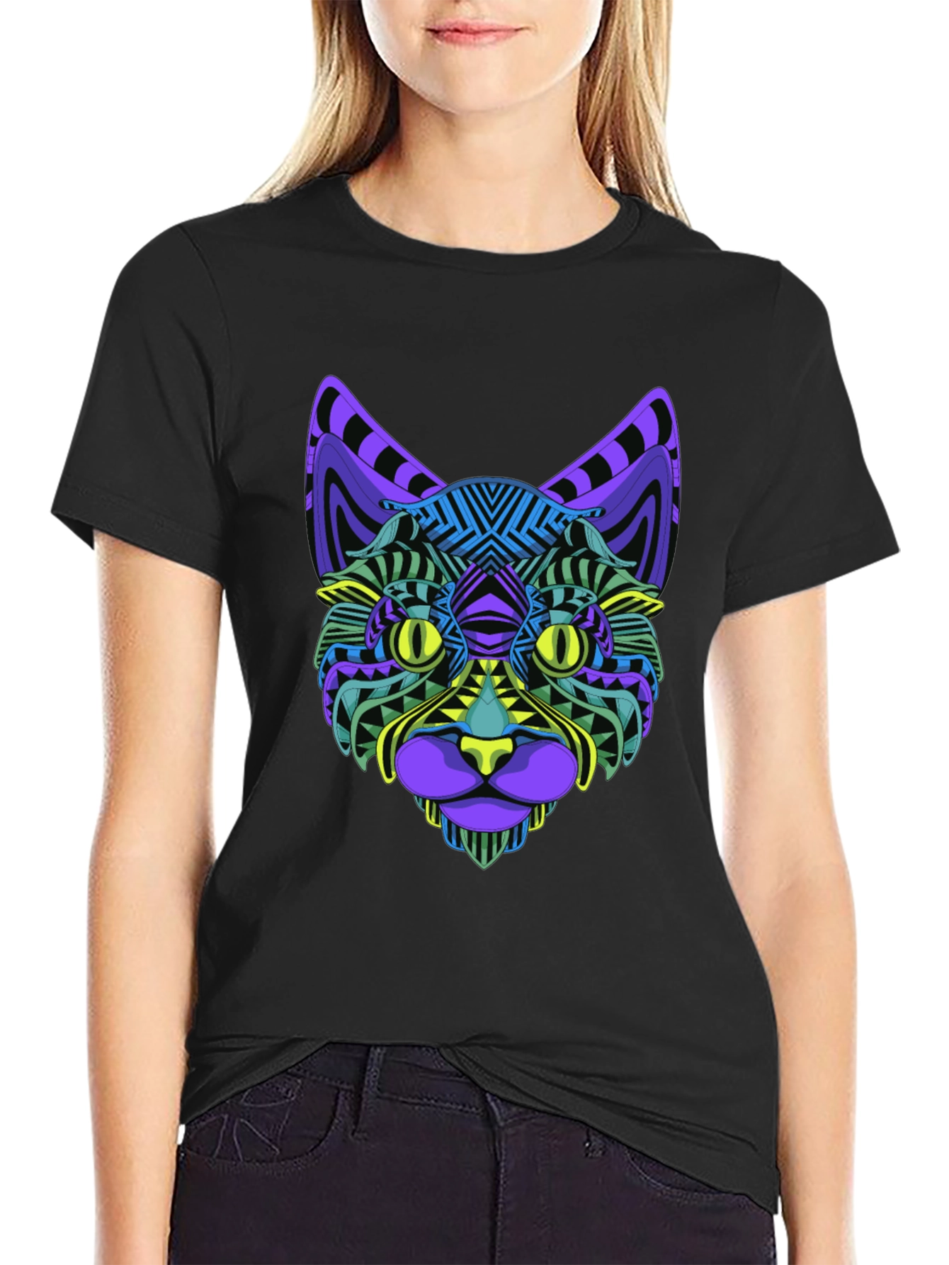 Vibrant Geometric Cat Face Graphic Black T-Shirt