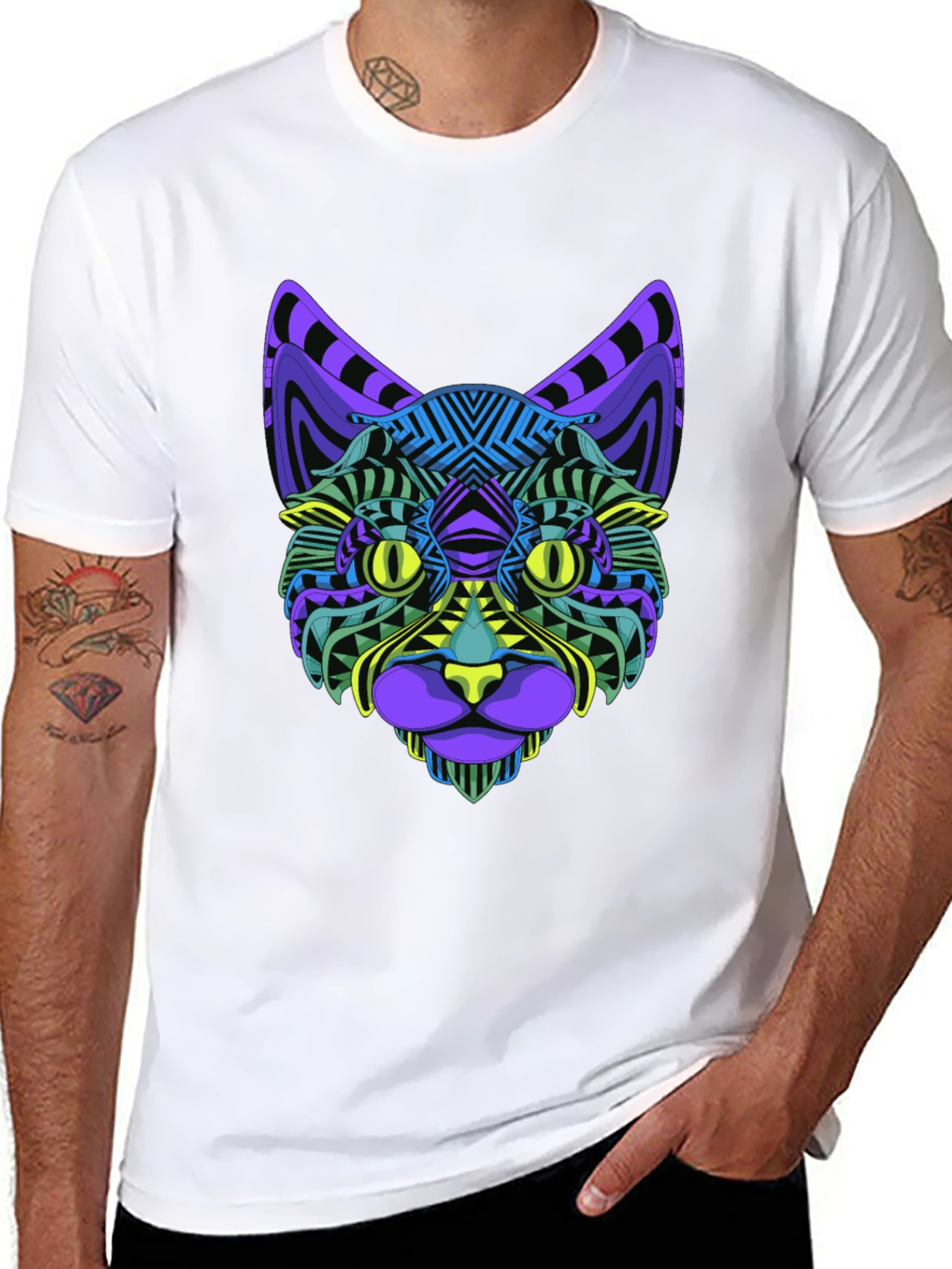 Vibrant Geometric Cat Face Graphic Black T-Shirt