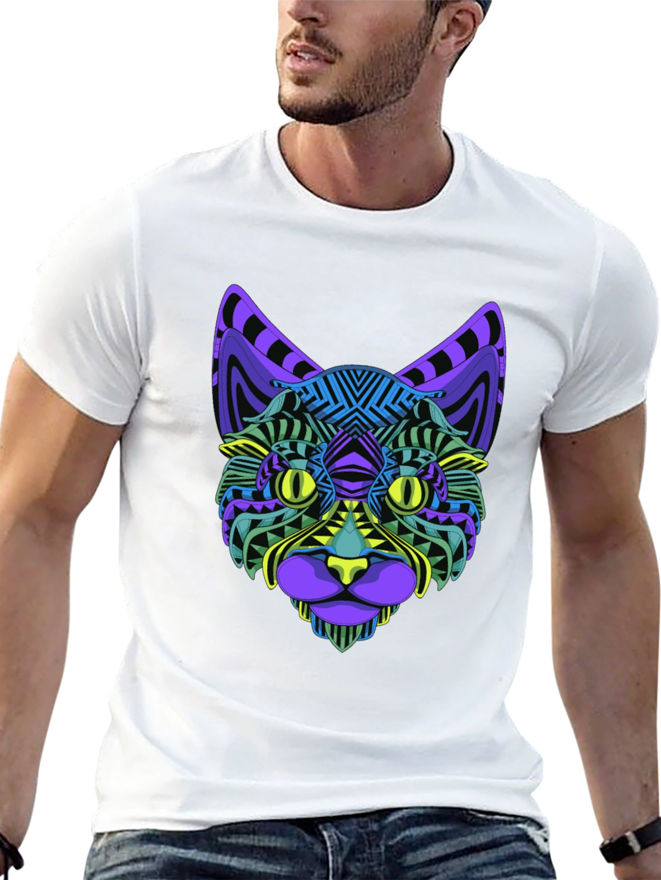 Vibrant Geometric Cat Face Graphic Black T-Shirt