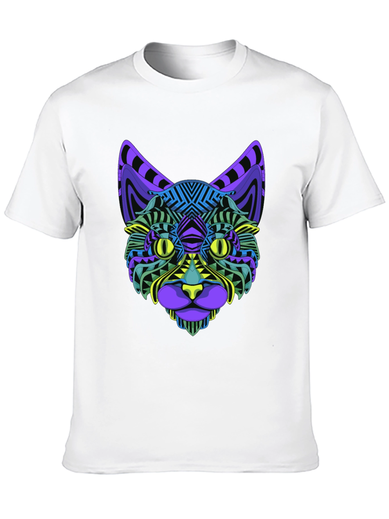 Vibrant Geometric Cat Face Graphic Black T-Shirt