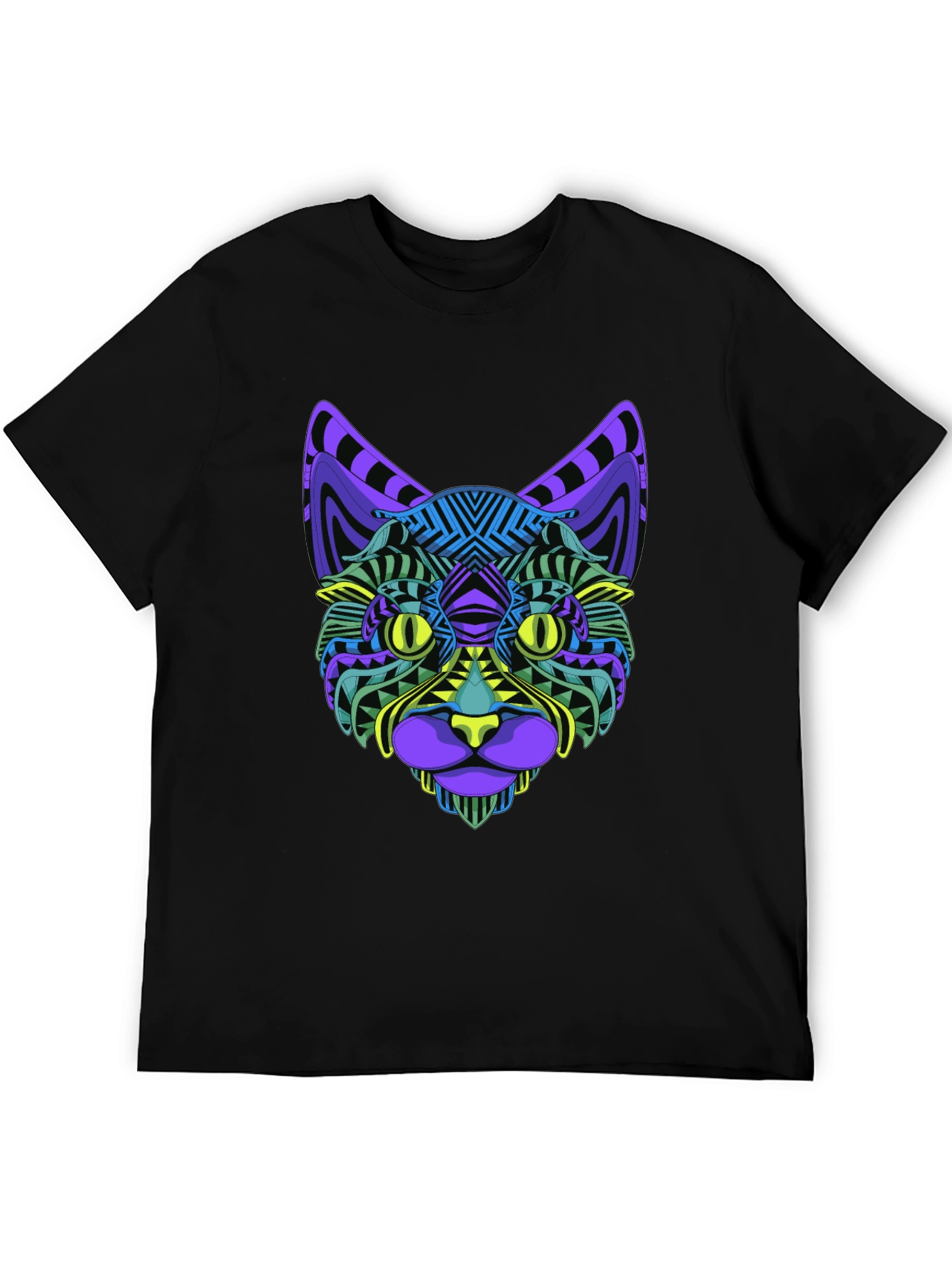 Vibrant Geometric Cat Face Graphic Black T-Shirt
