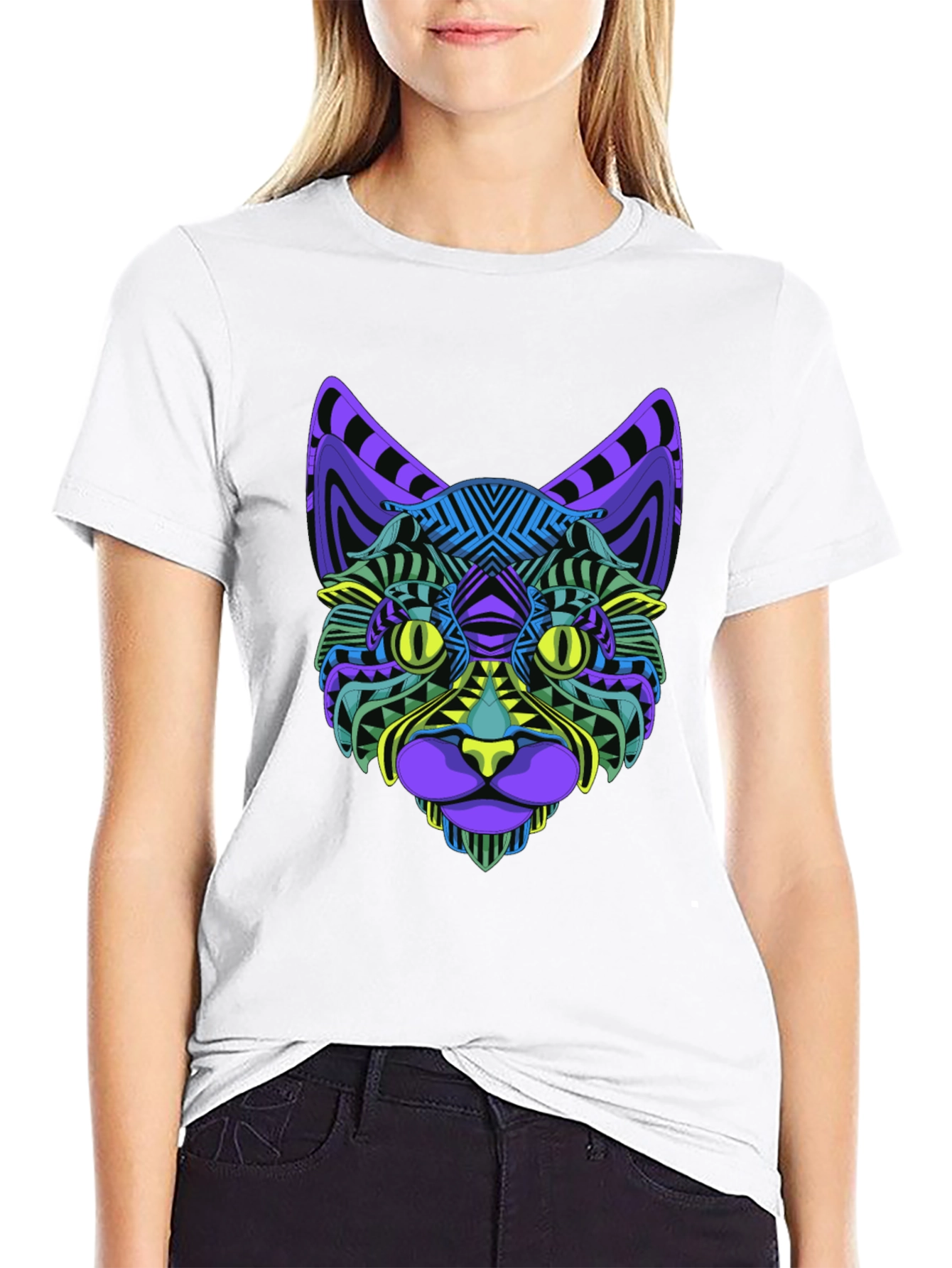 Vibrant Geometric Cat Face Graphic Black T-Shirt