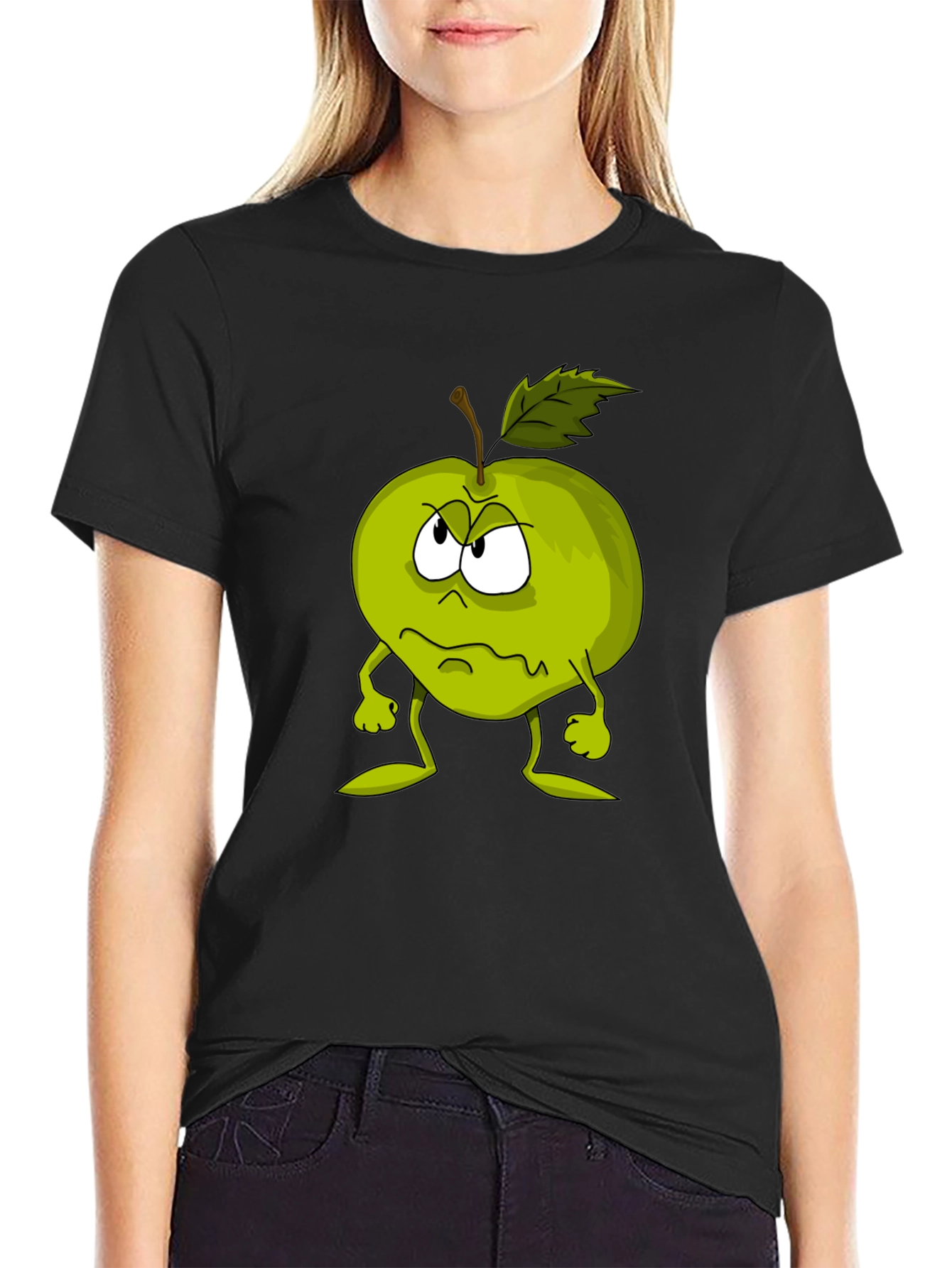 Grumpy Apple Cartoon Graphic Black T-Shirt