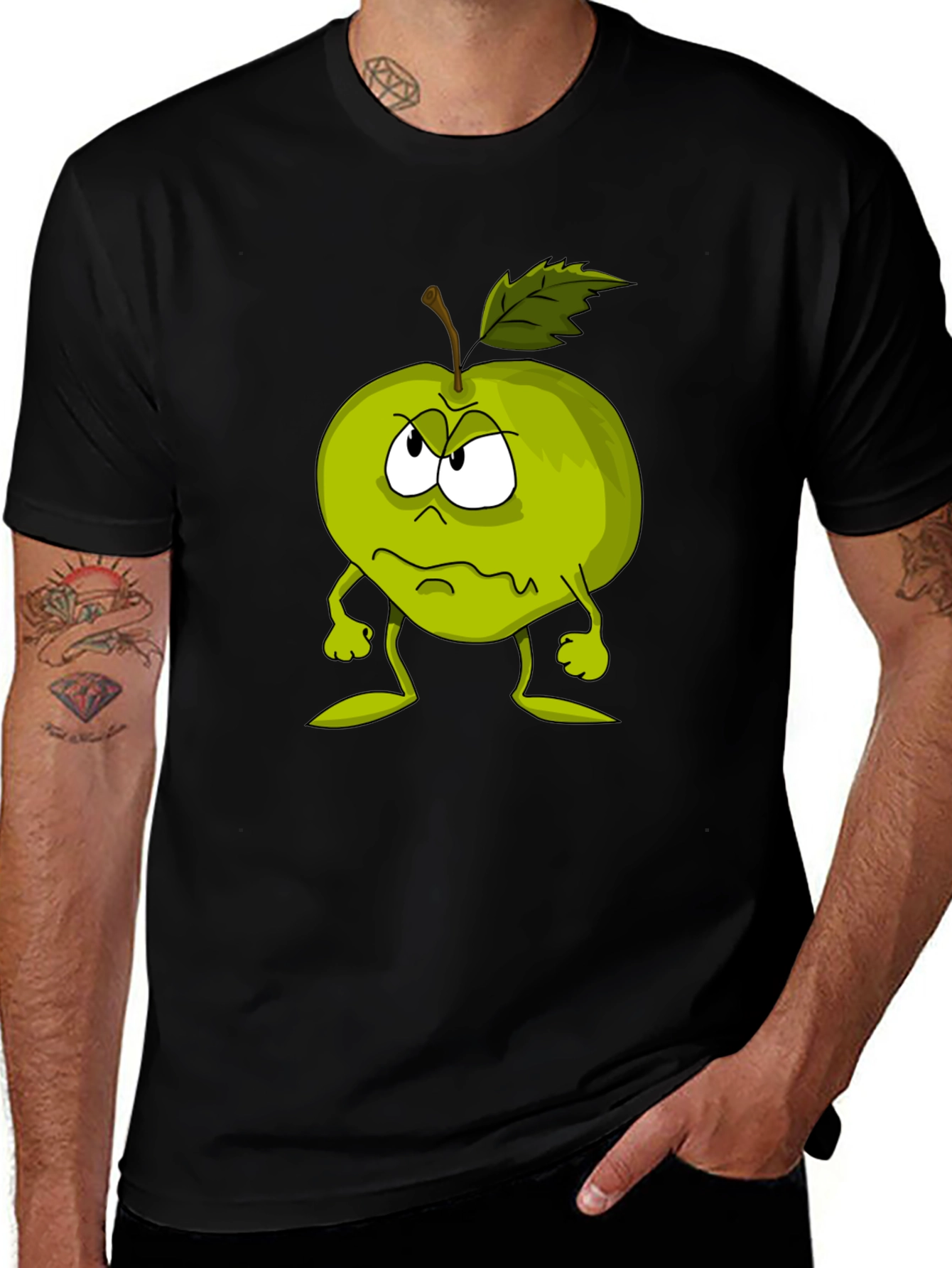 Grumpy Apple Cartoon Graphic Black T-Shirt