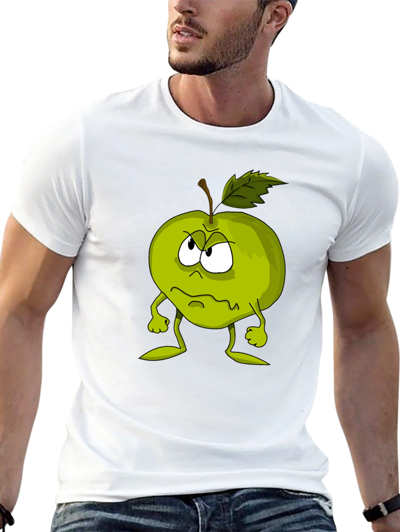 Grumpy Apple Cartoon Graphic Black T-Shirt