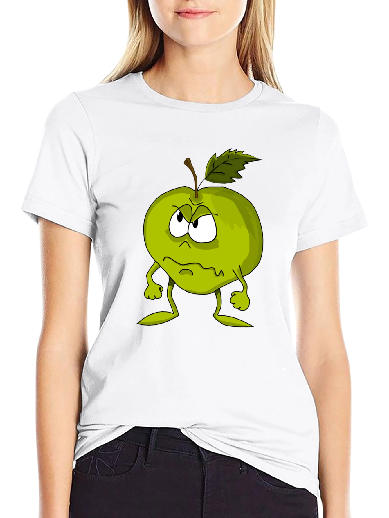 Grumpy Apple Cartoon Graphic Black T-Shirt
