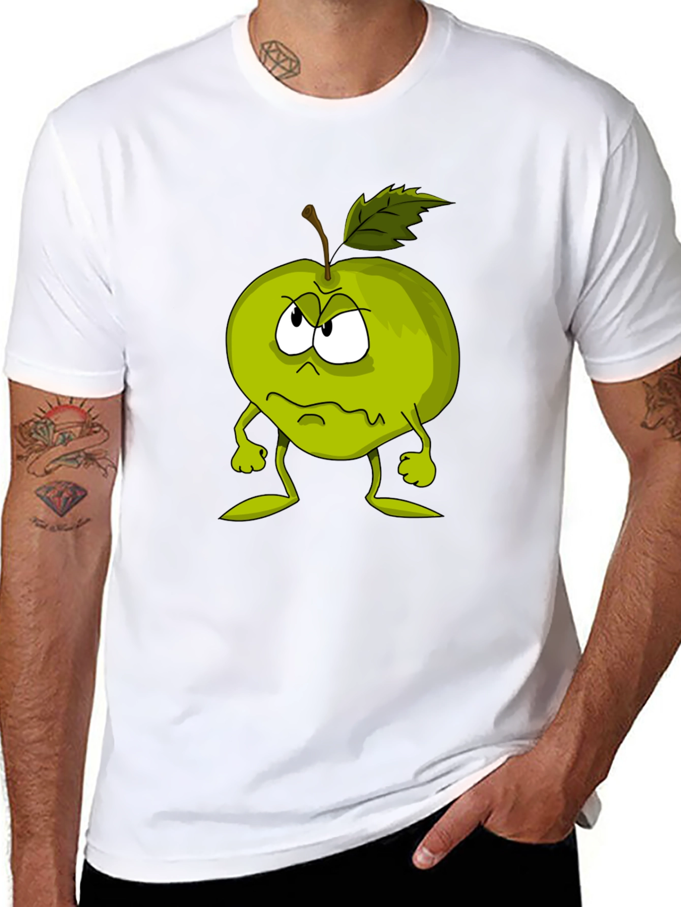 Grumpy Apple Cartoon Graphic Black T-Shirt