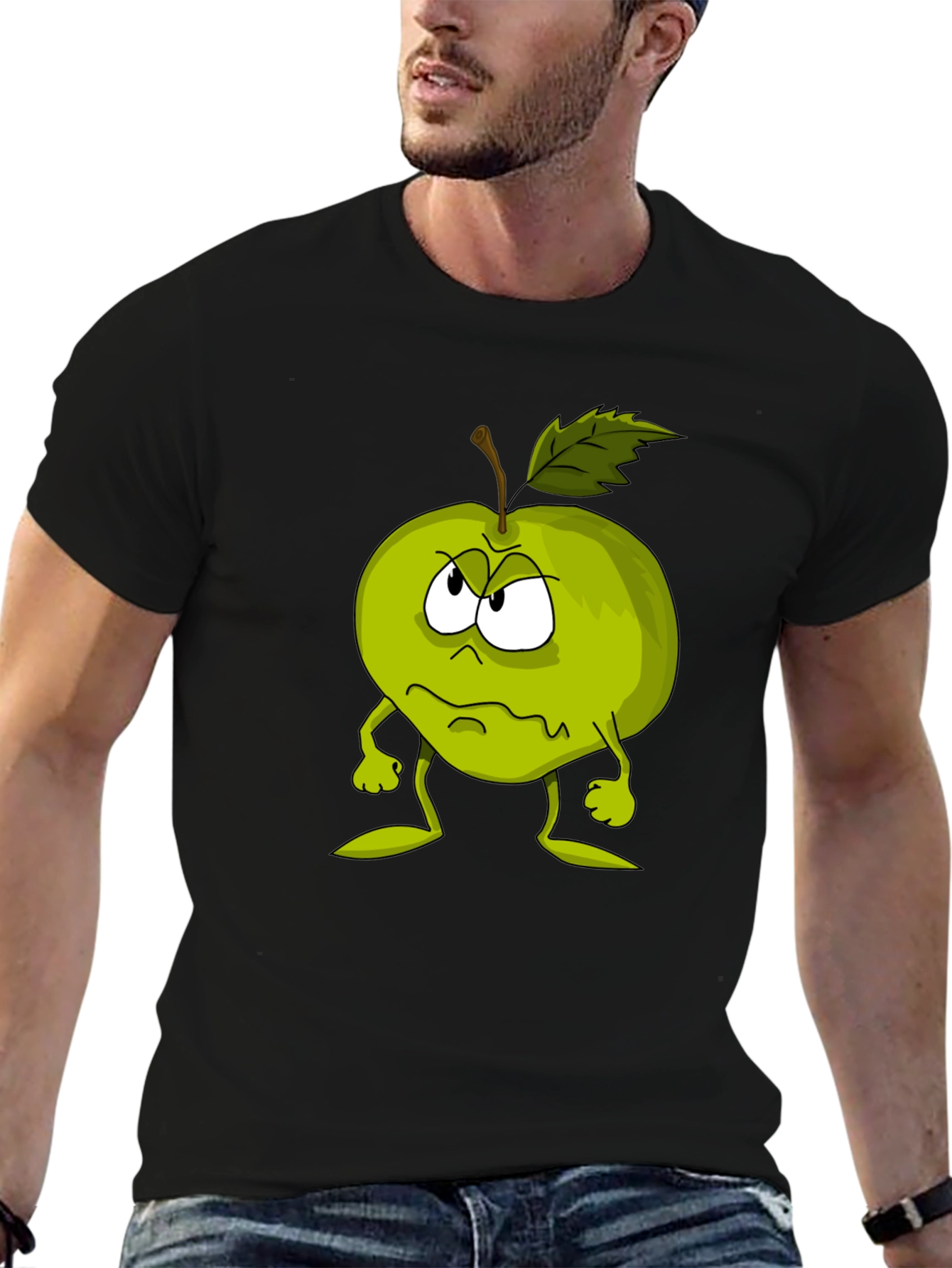 Grumpy Apple Cartoon Graphic Black T-Shirt