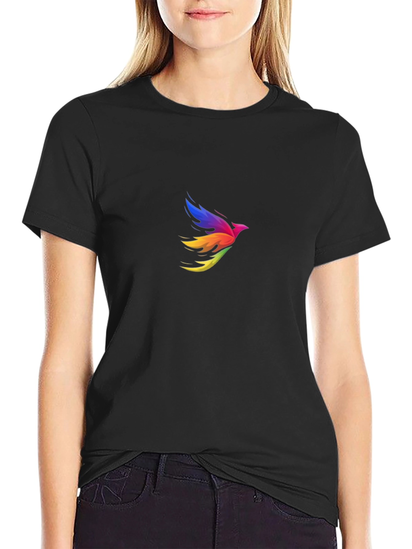 Rainbow Bird Graphic Tee - Black Cotton Blend T-Shirt