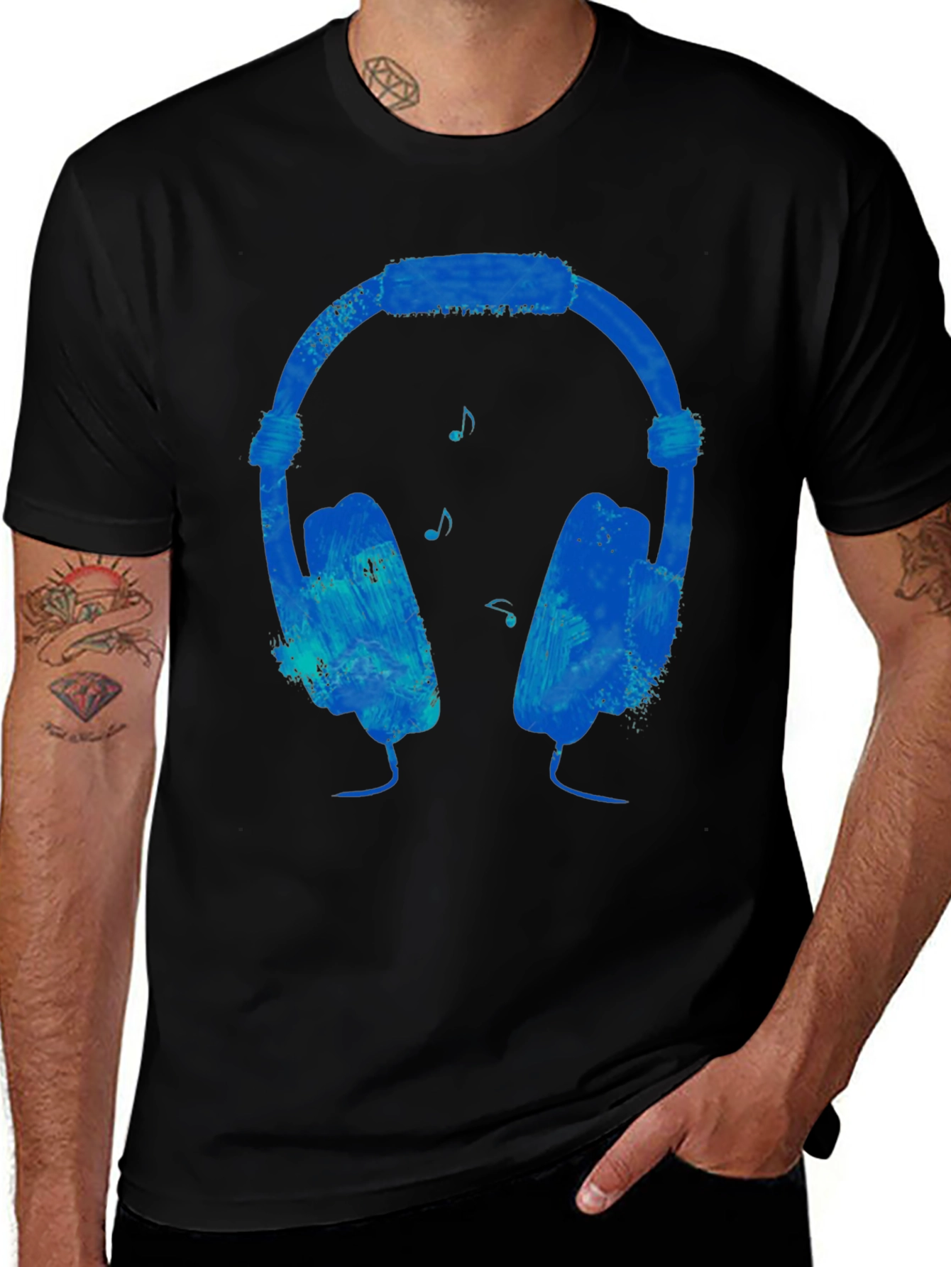 Blue Headphones Graphic Black T-Shirt