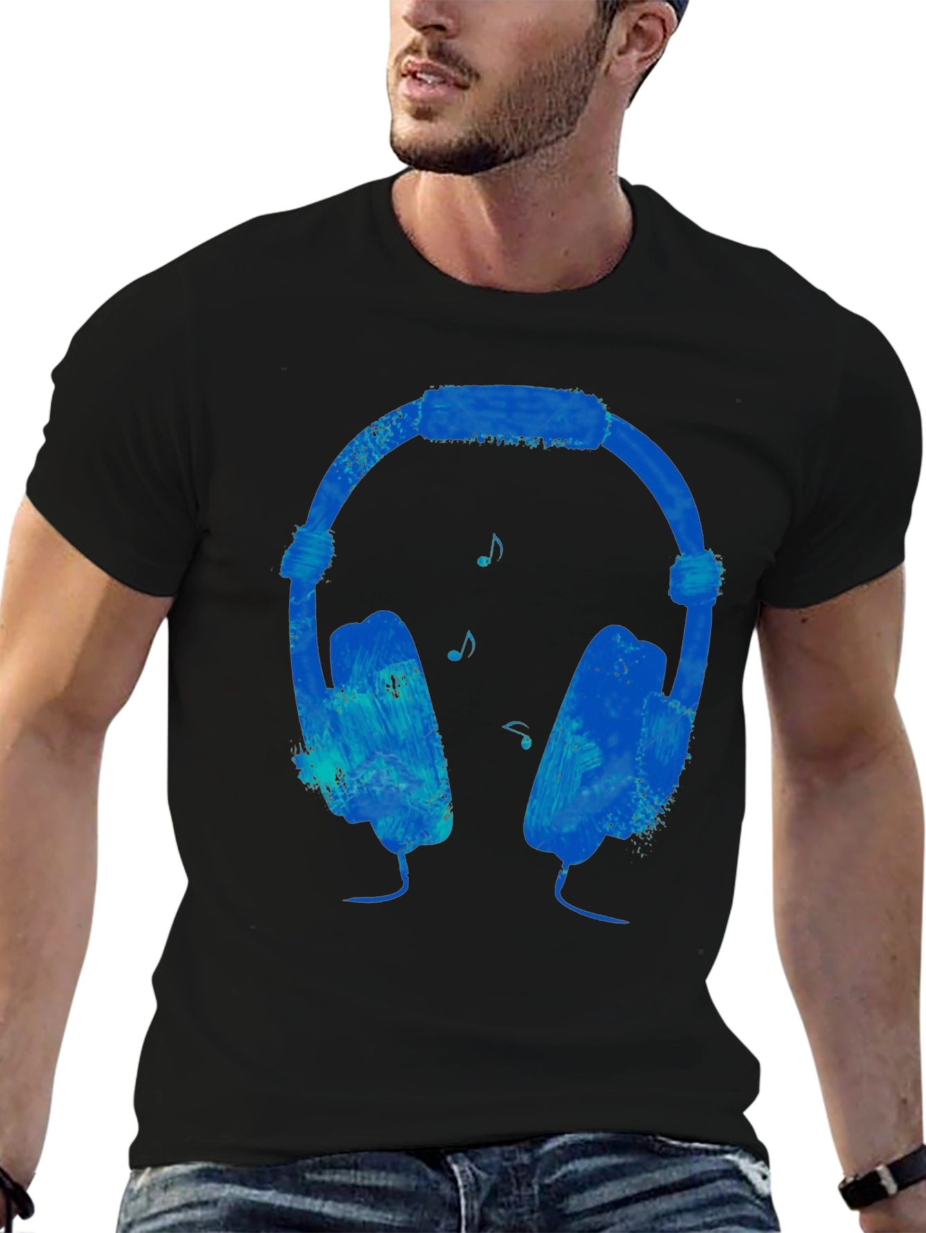 Blue Headphones Graphic Black T-Shirt