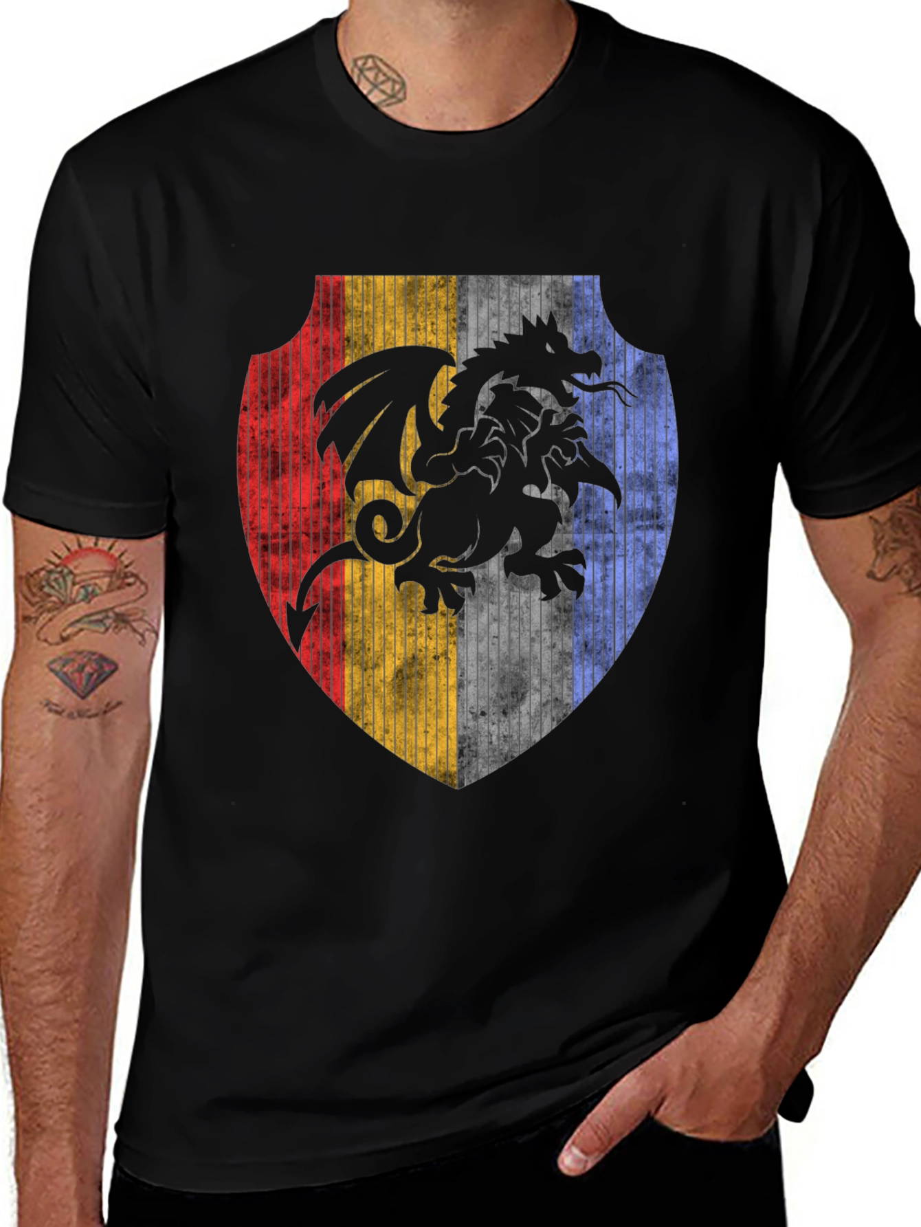 Dragon Crest Shield Graphic Tee - Black Cotton Blend