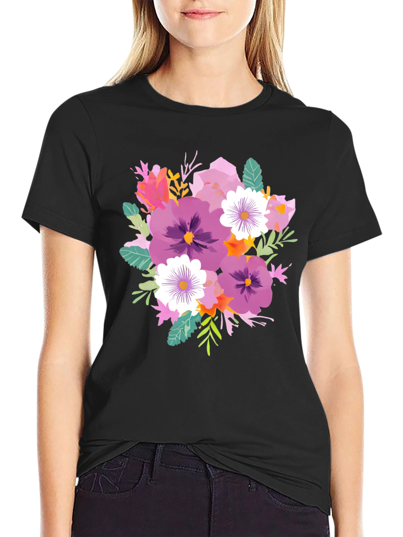 Floral Bouquet T-Shirt - Black Cotton Tee