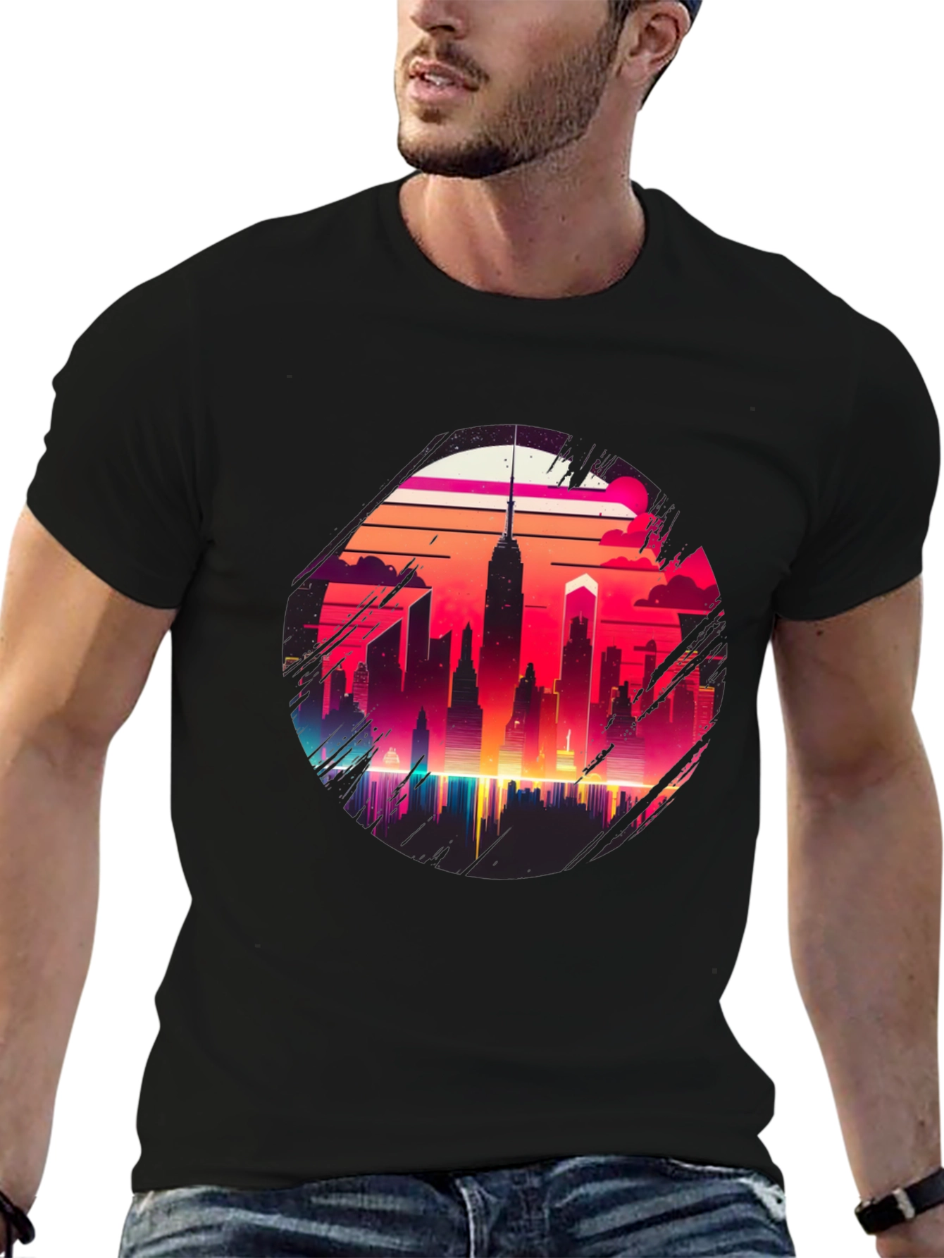 Retro Cityscape Graphic Tee - Black