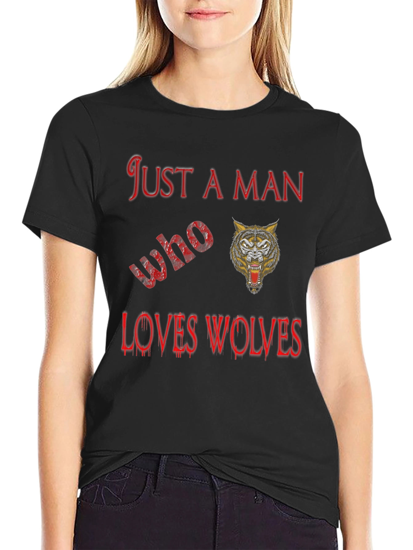 Just A Man Who Loves Wolves Black T-Shirt