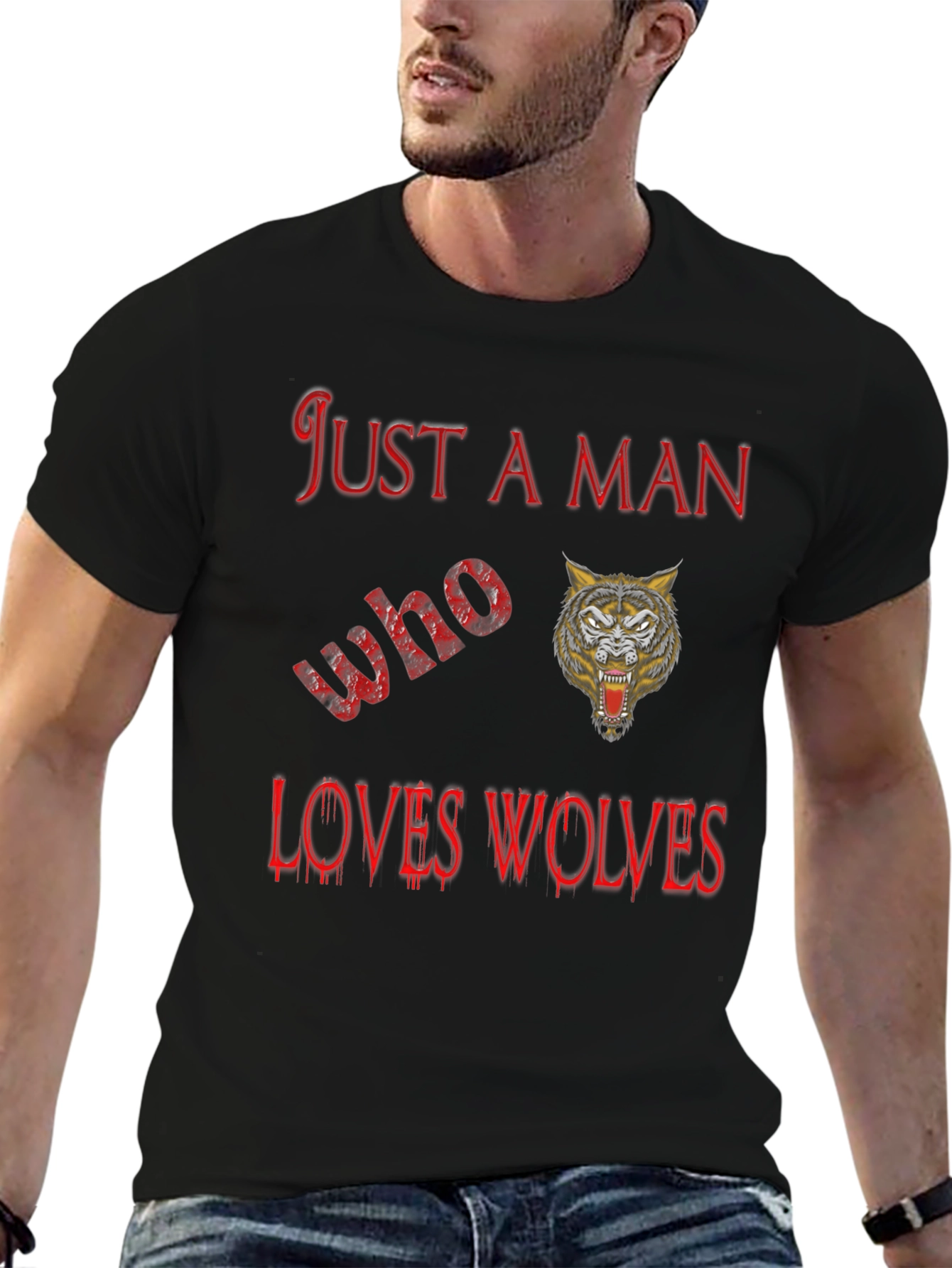 Just A Man Who Loves Wolves Black T-Shirt