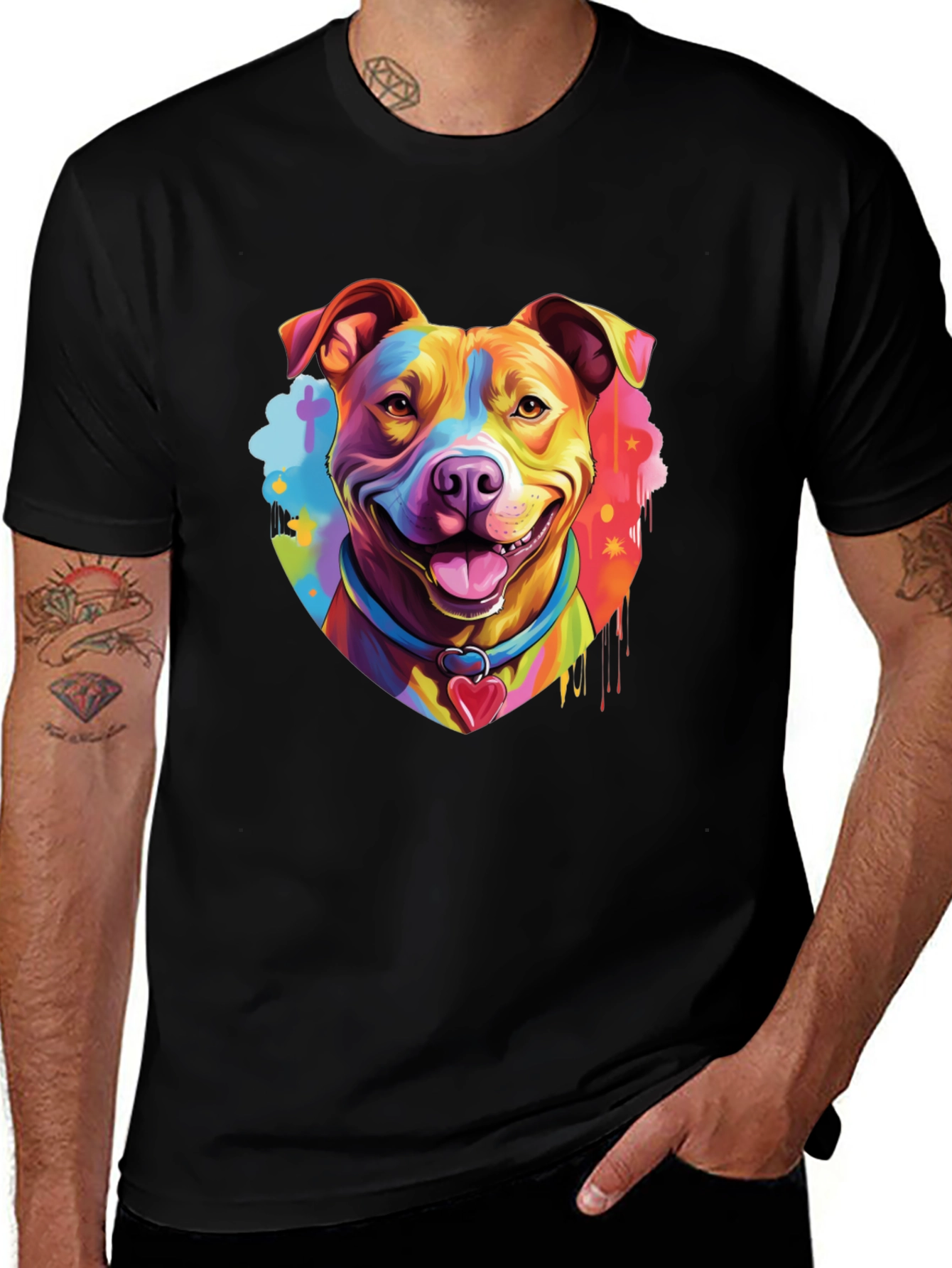 Rainbow Pitbull Dog Graphic Tee - Mens Black T-Shirt