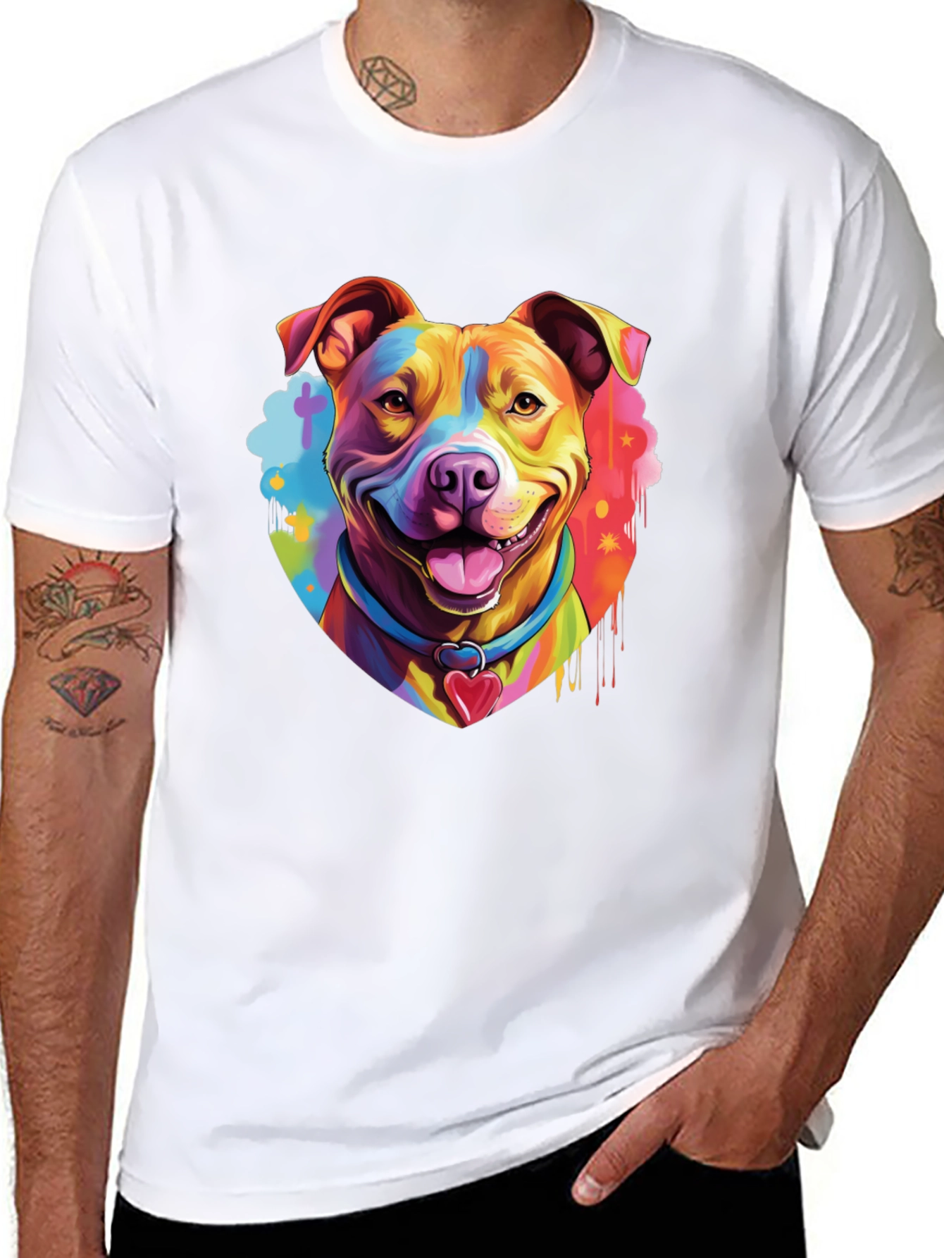 Rainbow Pitbull Dog Graphic Tee - Mens Black T-Shirt