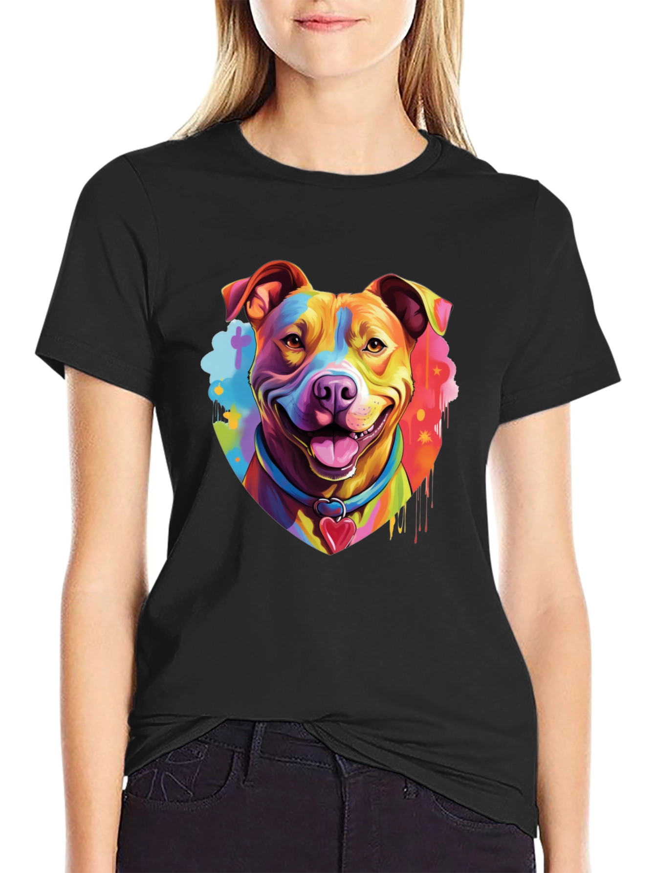 Rainbow Pitbull Dog Graphic Tee - Mens Black T-Shirt