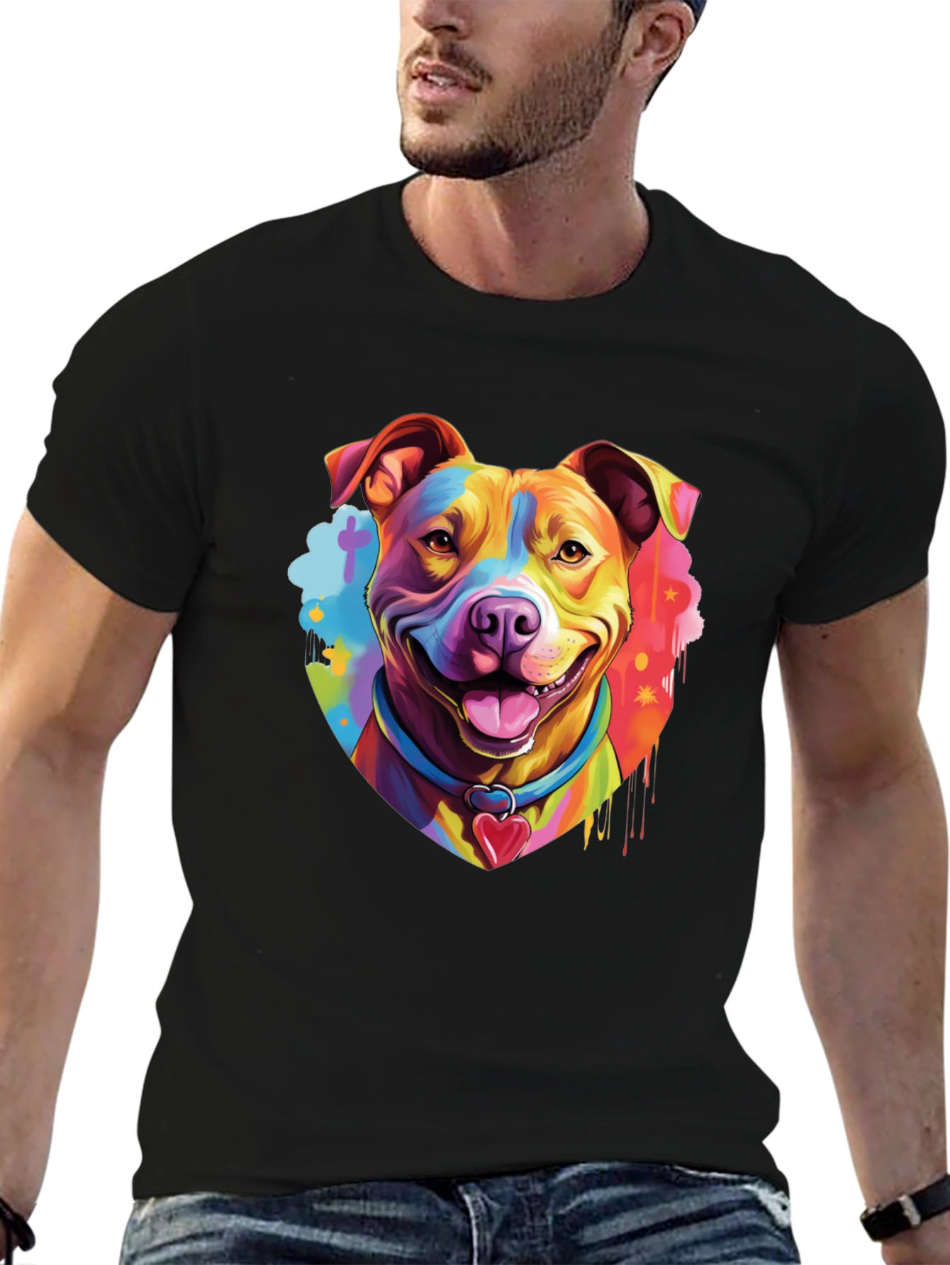 Rainbow Pitbull Dog Graphic Tee - Mens Black T-Shirt