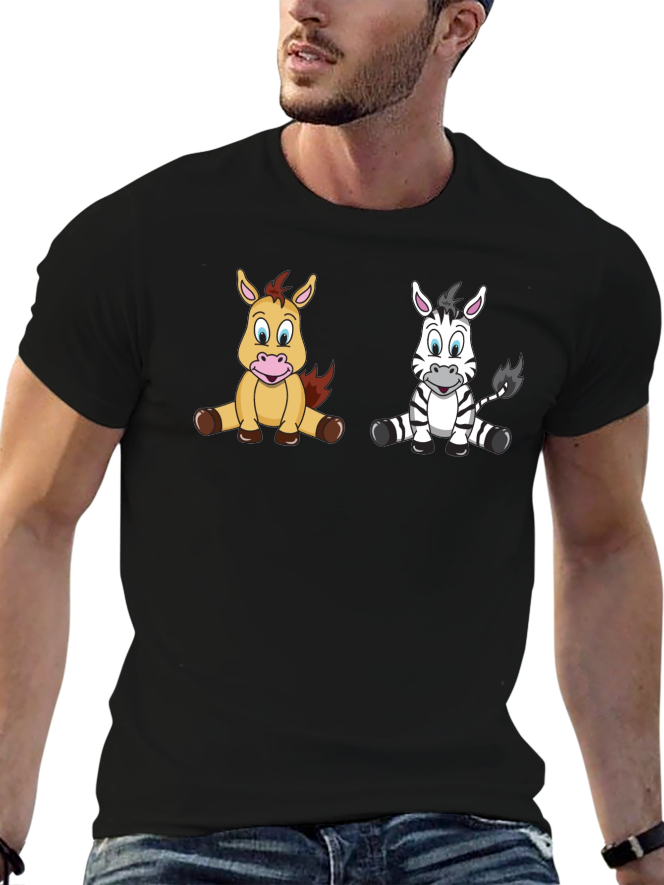 Cartoon Horse and Zebra Unisex Black T-Shirt