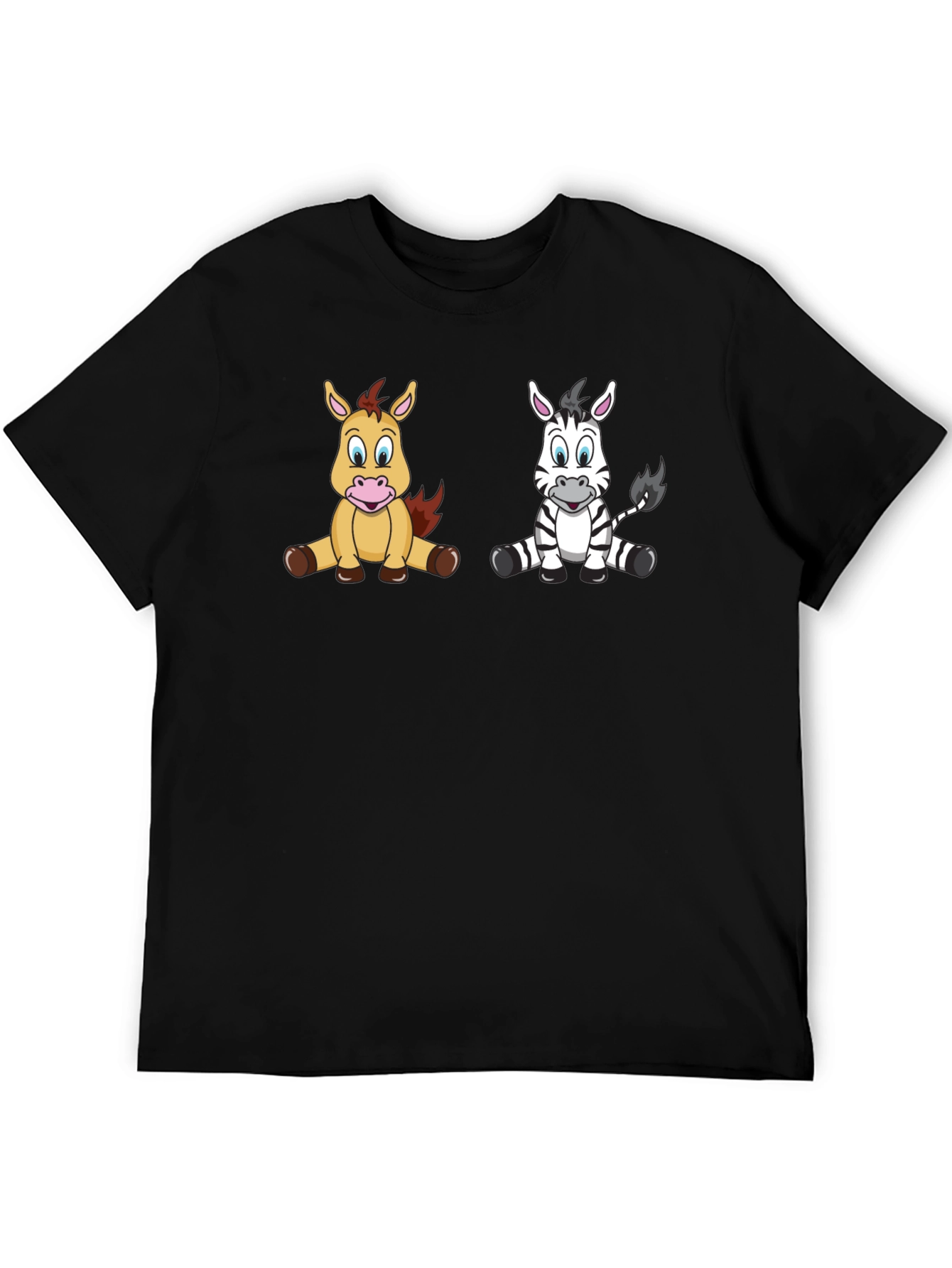 Cartoon Horse and Zebra Unisex Black T-Shirt