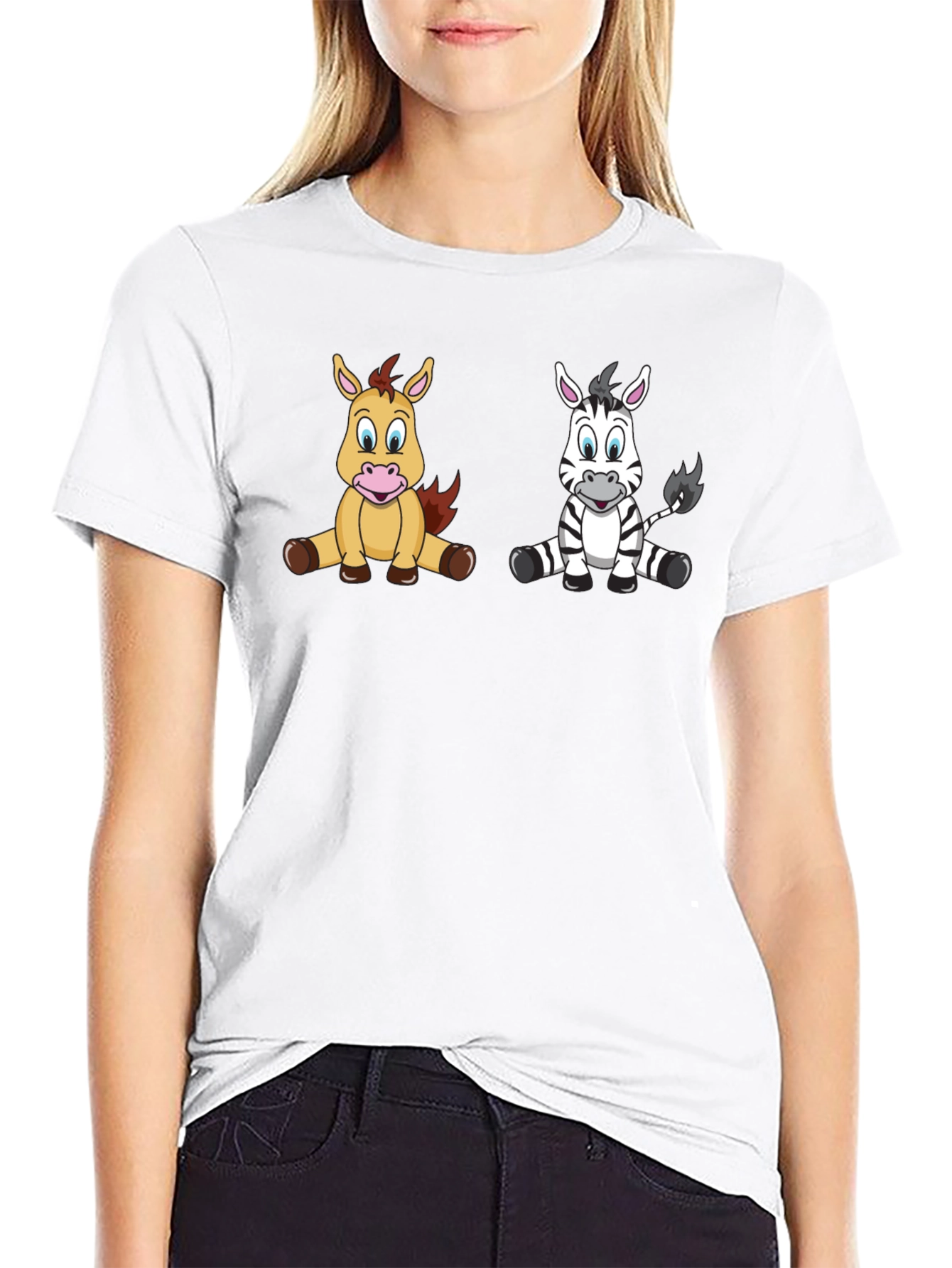 Cartoon Horse and Zebra Unisex Black T-Shirt