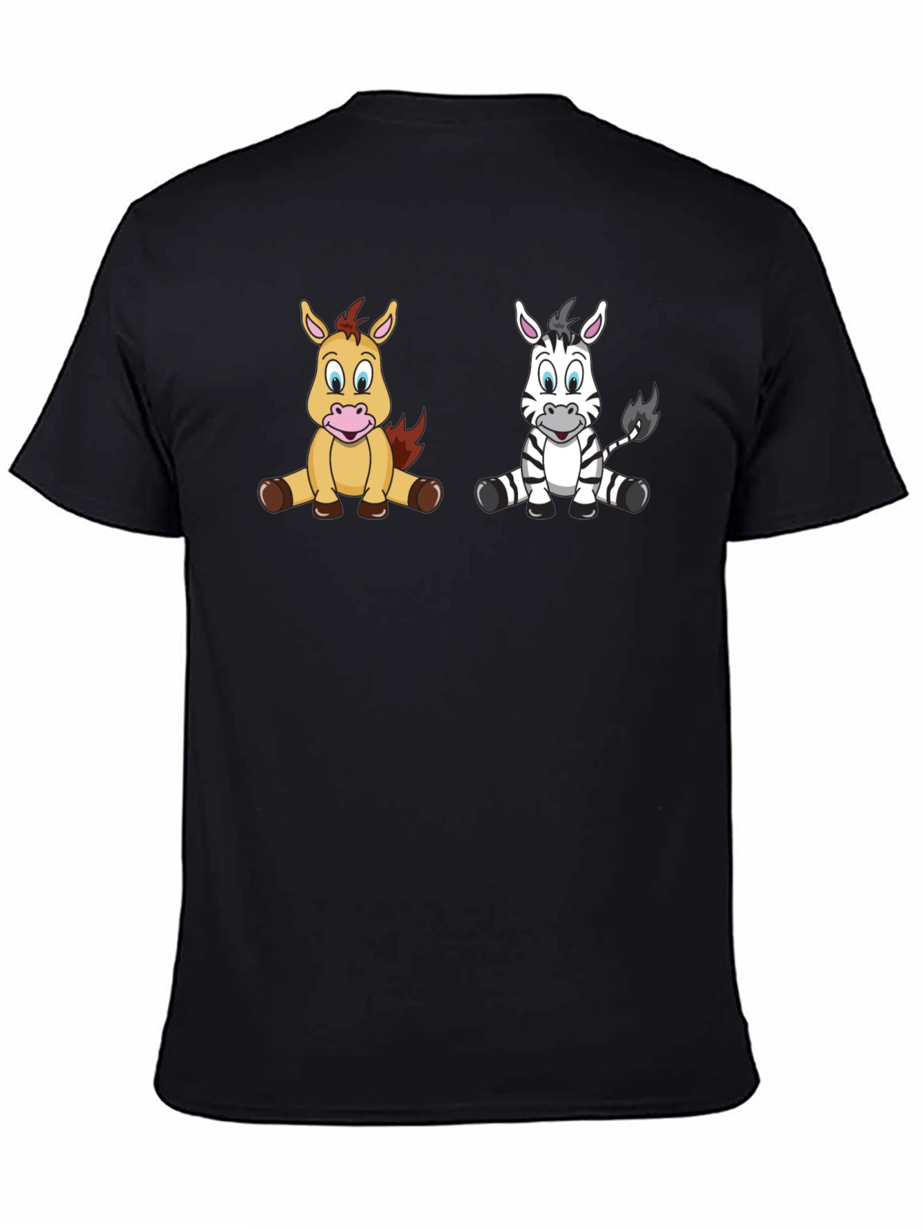 Cartoon Horse and Zebra Unisex Black T-Shirt