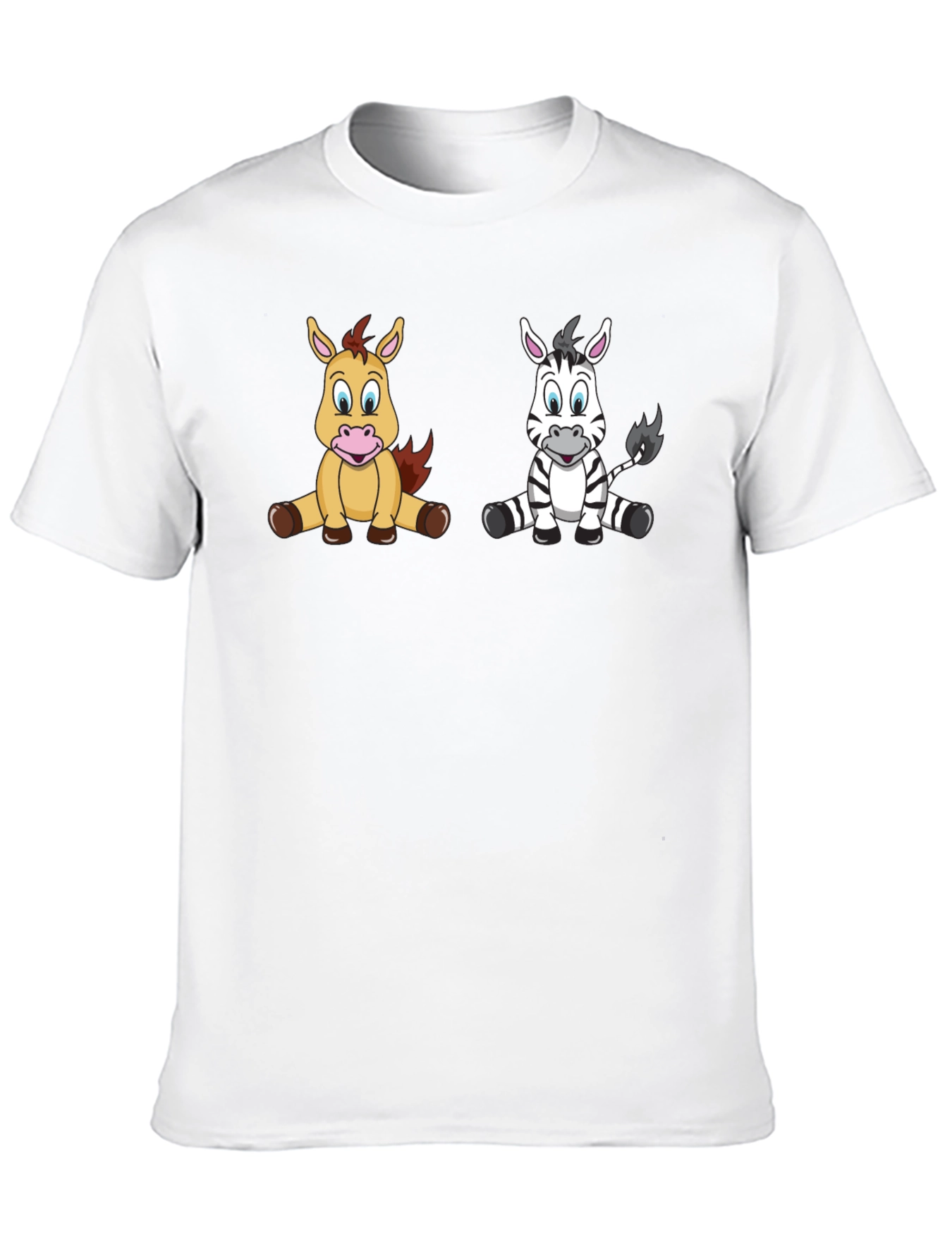 Cartoon Horse and Zebra Unisex Black T-Shirt