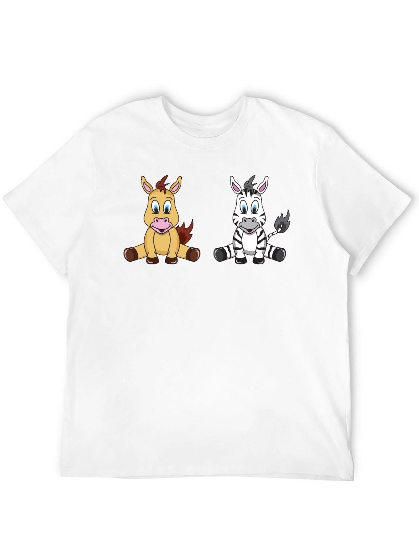 Cartoon Horse and Zebra Unisex Black T-Shirt