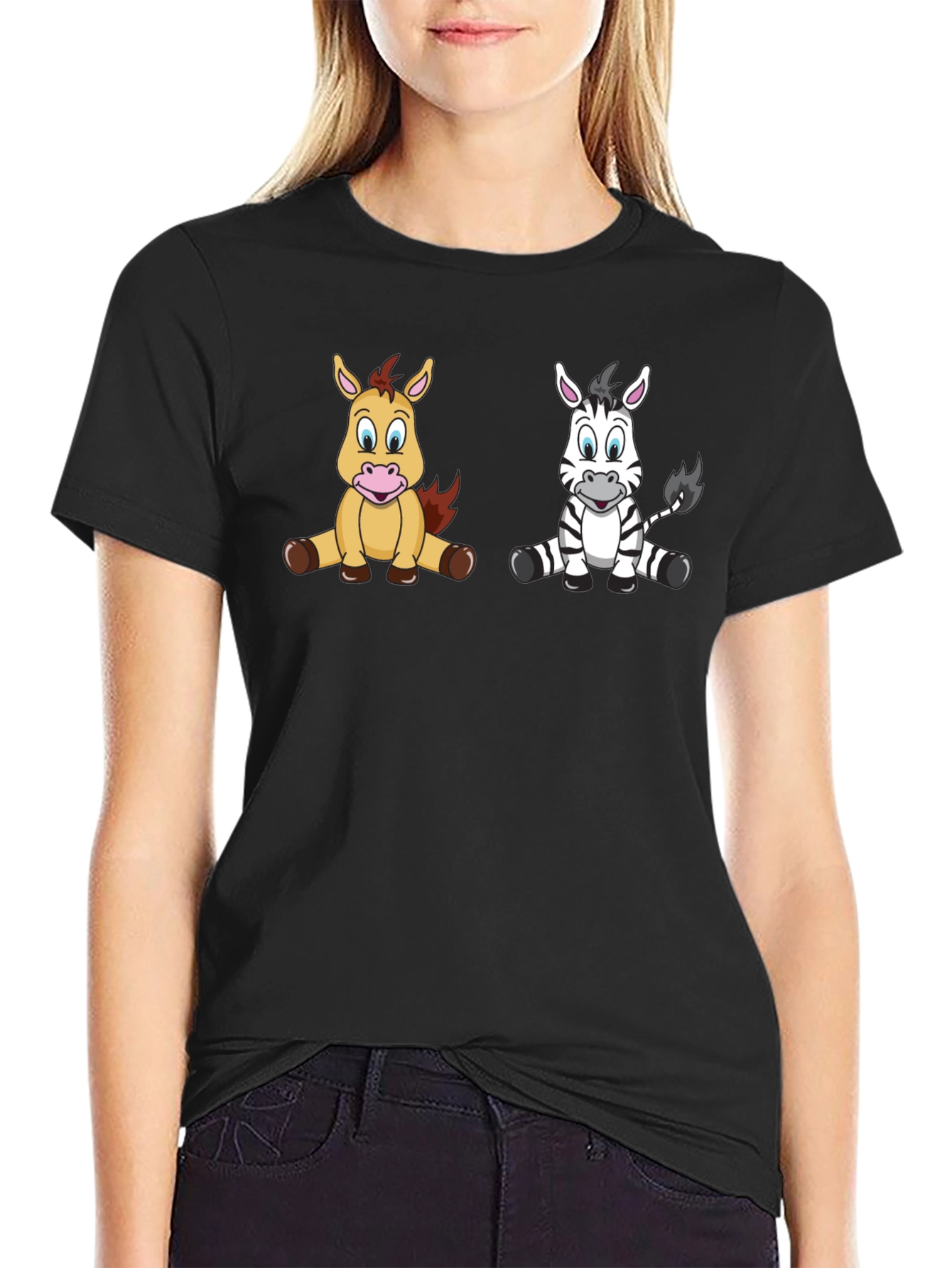 Cartoon Horse and Zebra Unisex Black T-Shirt