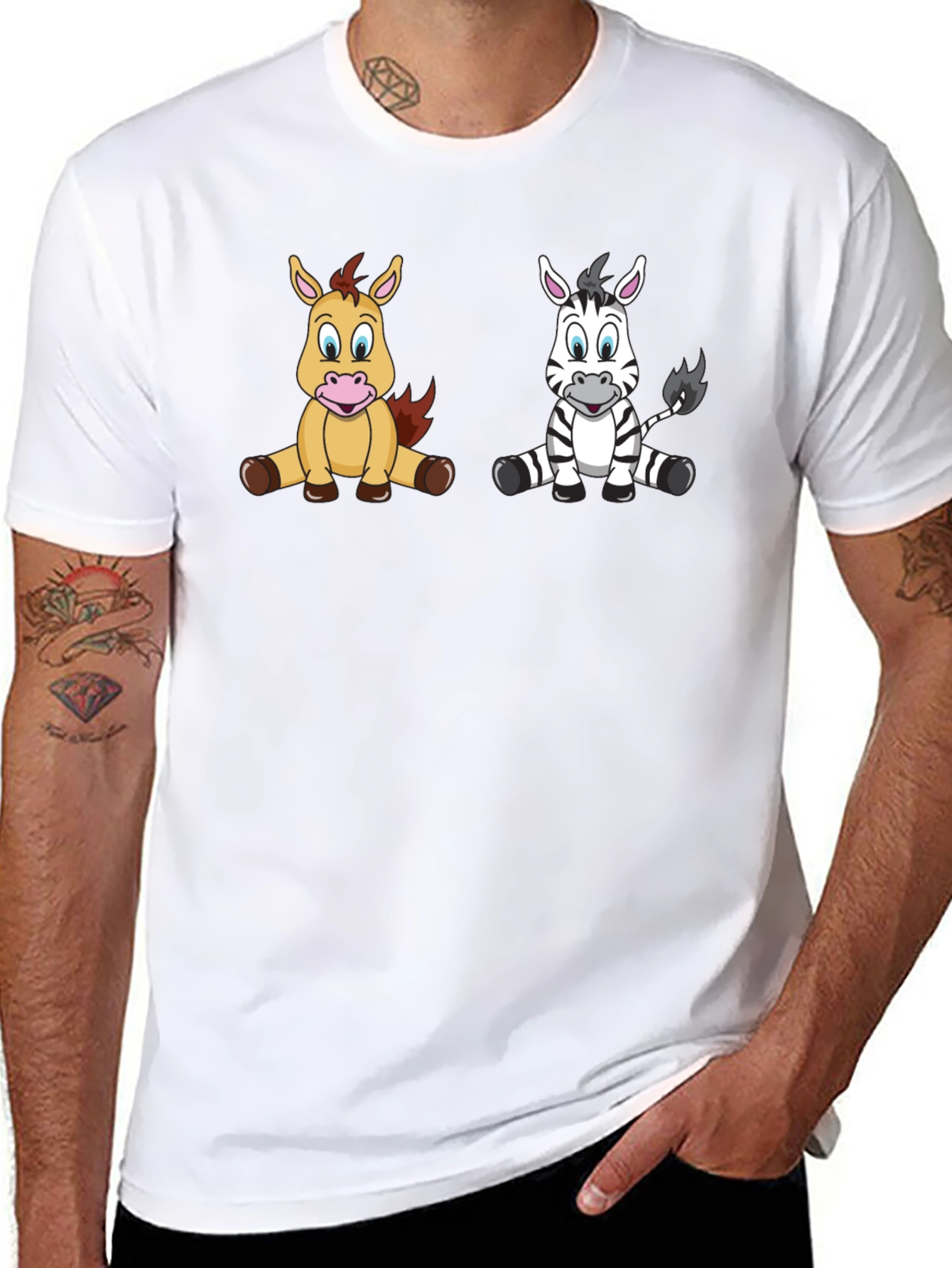 Cartoon Horse and Zebra Unisex Black T-Shirt