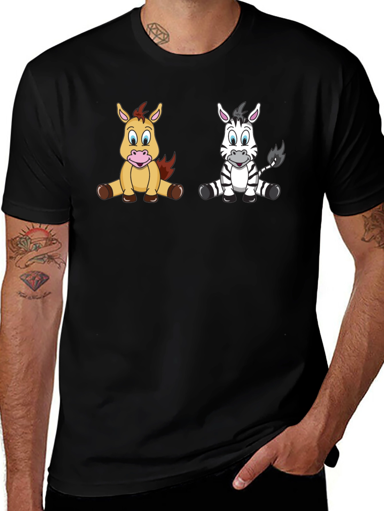 Cartoon Horse and Zebra Unisex Black T-Shirt