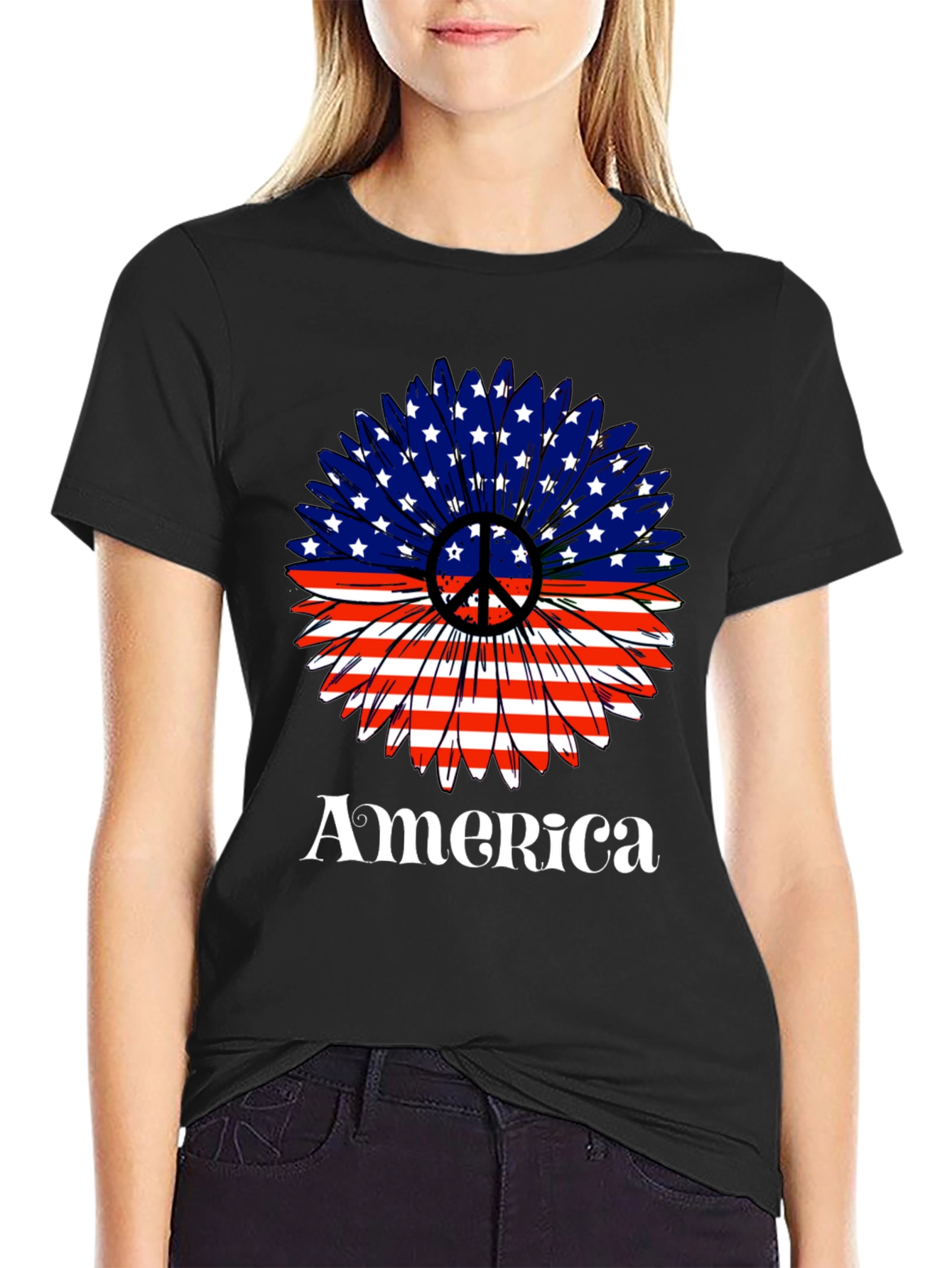 USA Flag Sunflower Peace Sign Graphic T-Shirt