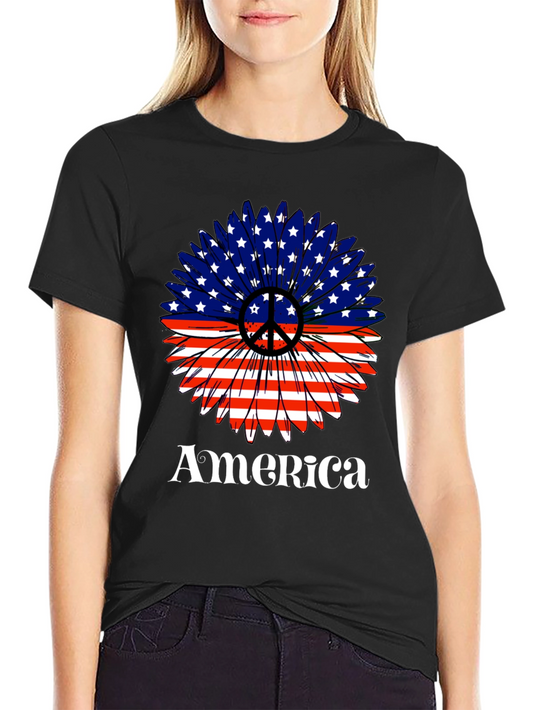 USA Flag Sunflower Peace Sign Graphic T-Shirt