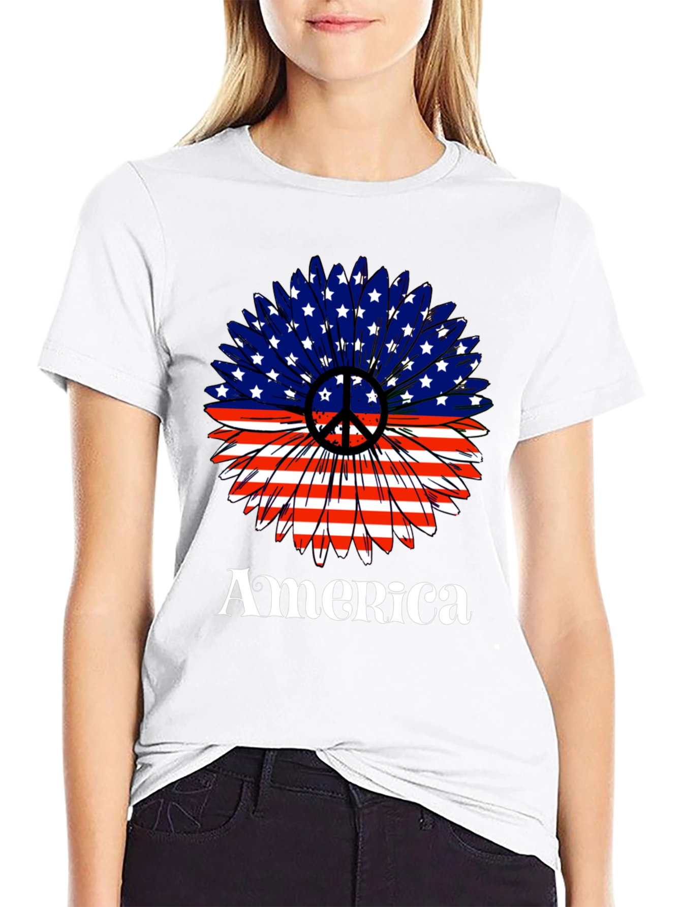 USA Flag Sunflower Peace Sign Graphic T-Shirt