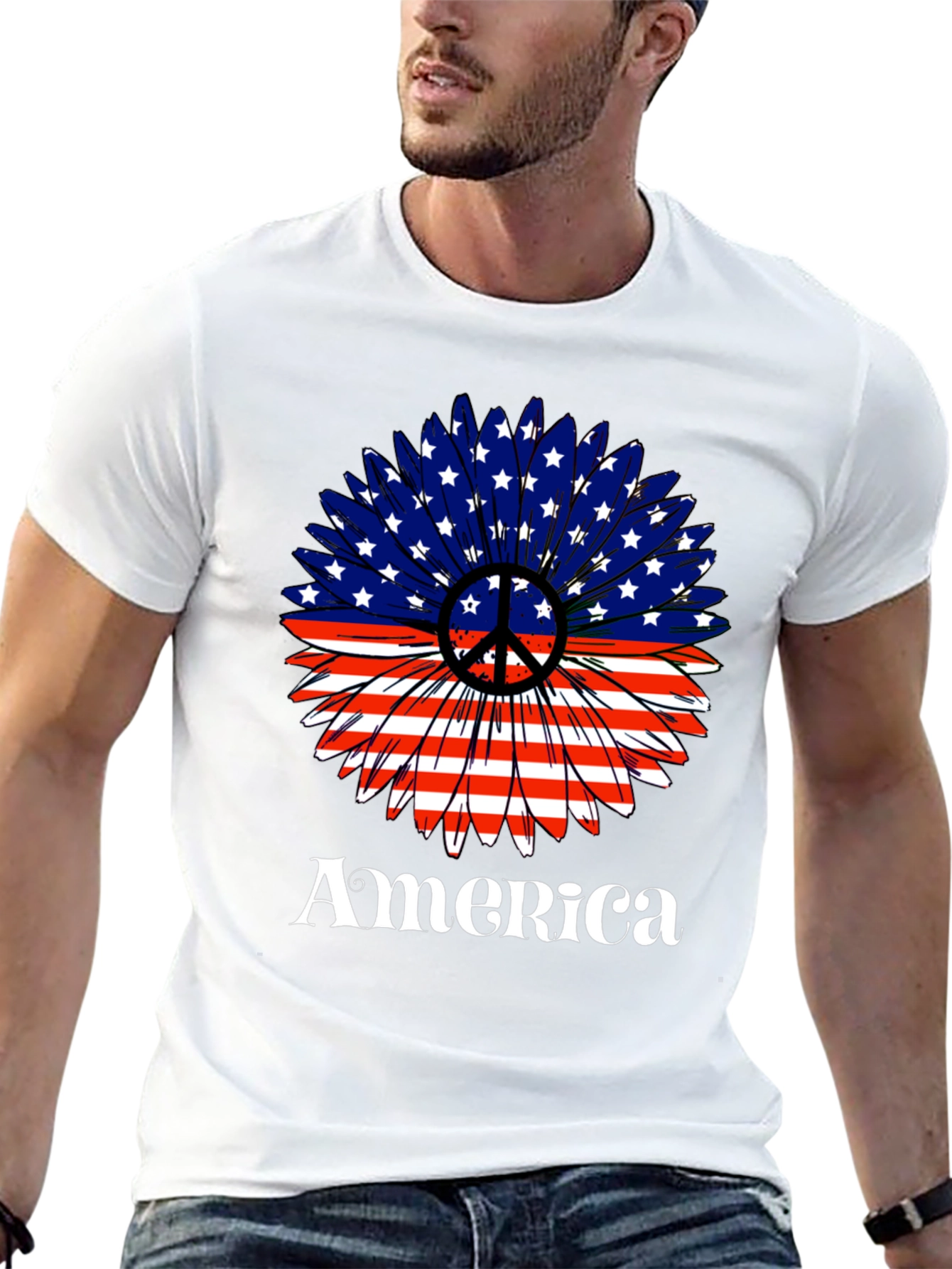 USA Flag Sunflower Peace Sign Graphic T-Shirt