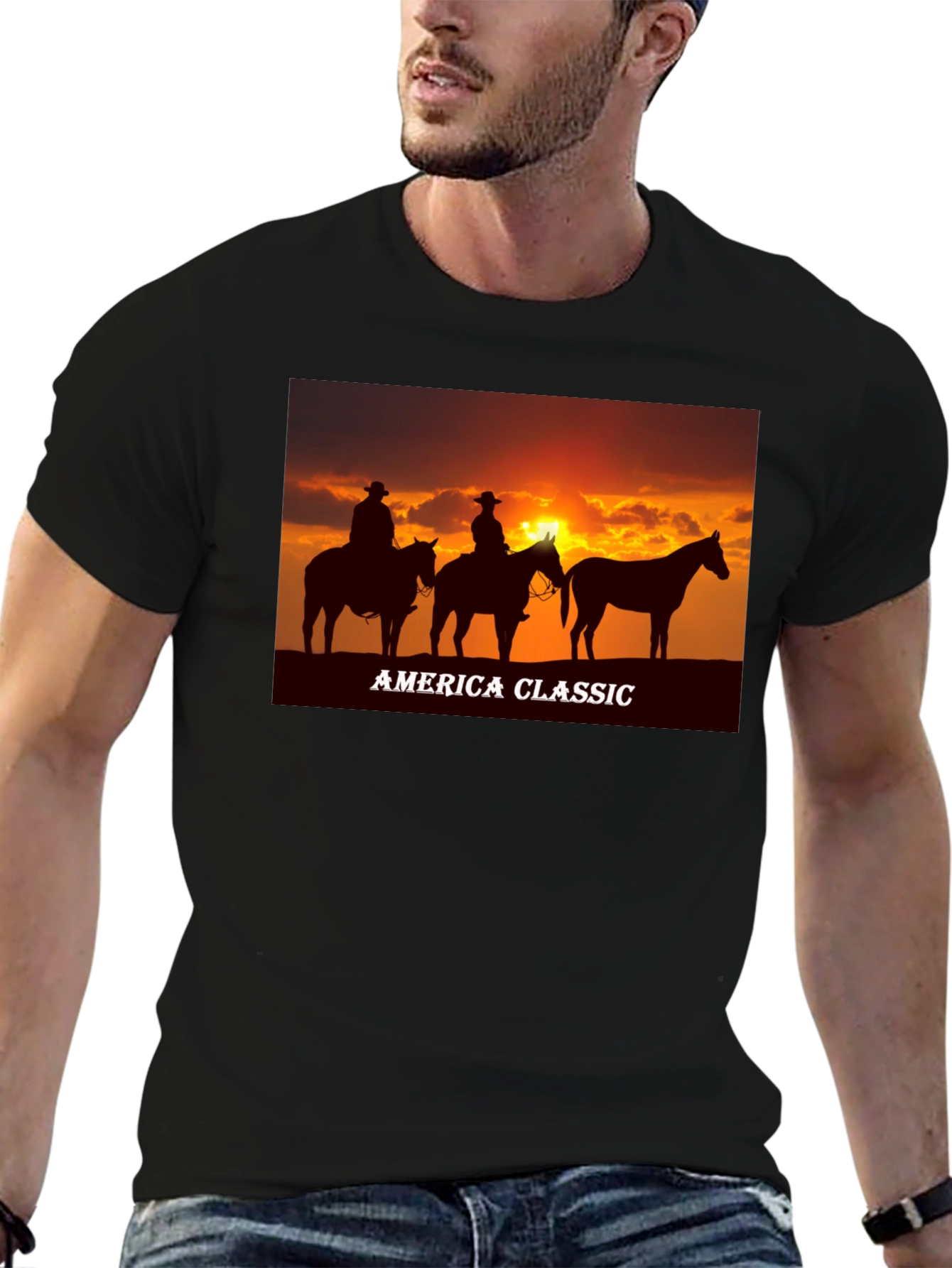 America Classic Cowboy Sunset Graphic T-Shirt