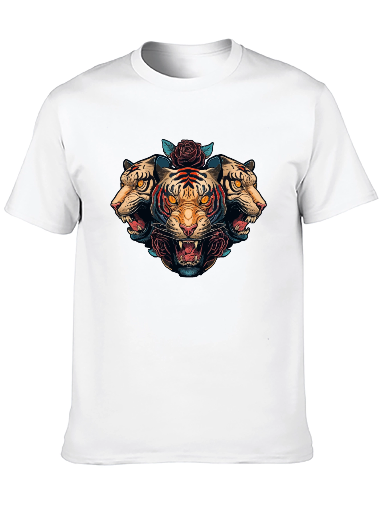 Three Headed Tiger Rose Graphic T-Shirt
