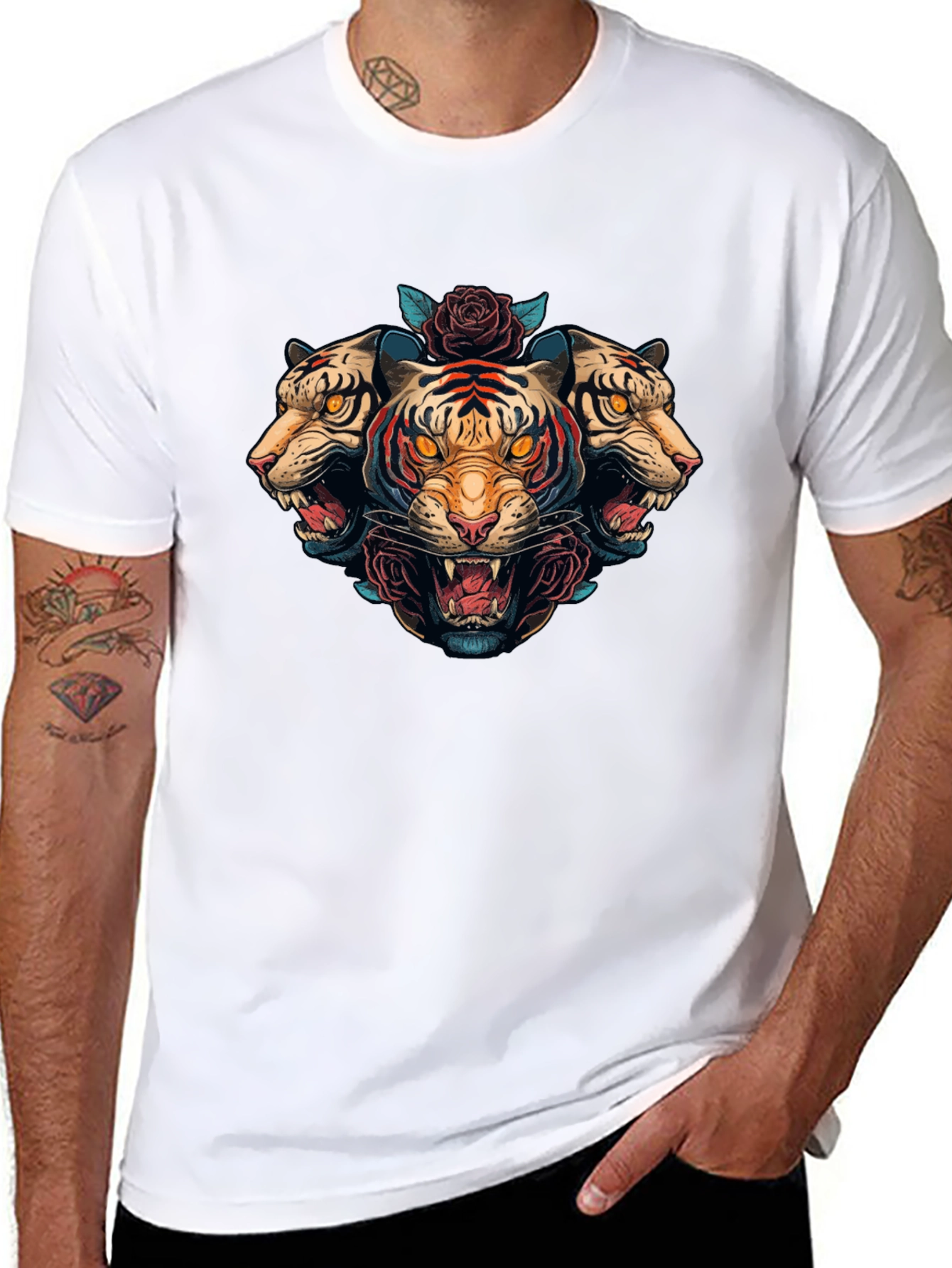 Three Headed Tiger Rose Graphic T-Shirt